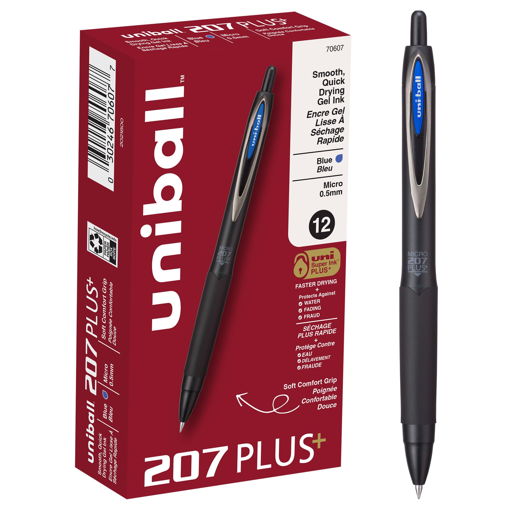 Uniball 207 Plus+ Retractable Gel Pens, Micro Point (0.5mm), Blue, Pack of 12