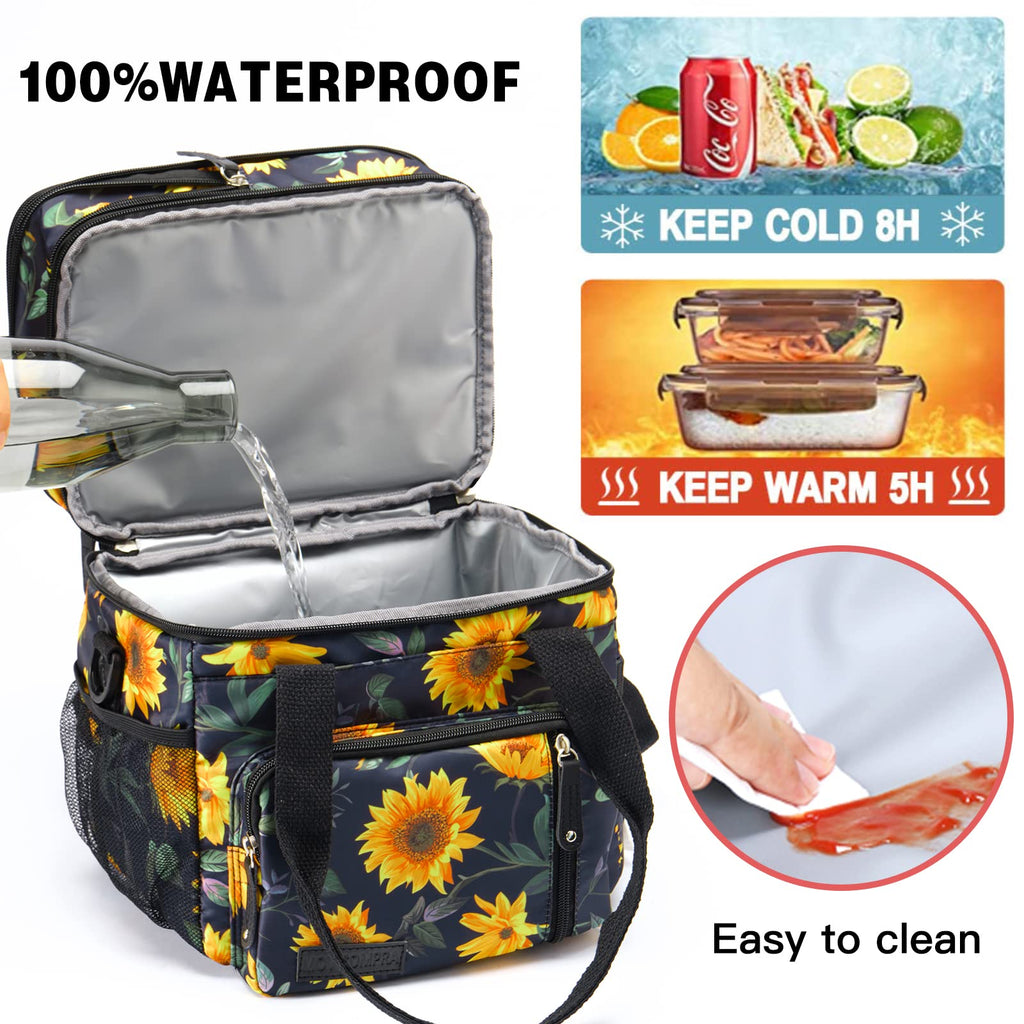 Lunch Bag for Women Men Double Deck Lunch Box,Expandable Large Lunch Bags,Leakproof Lunch Box Cooler Bag (Sunflower)