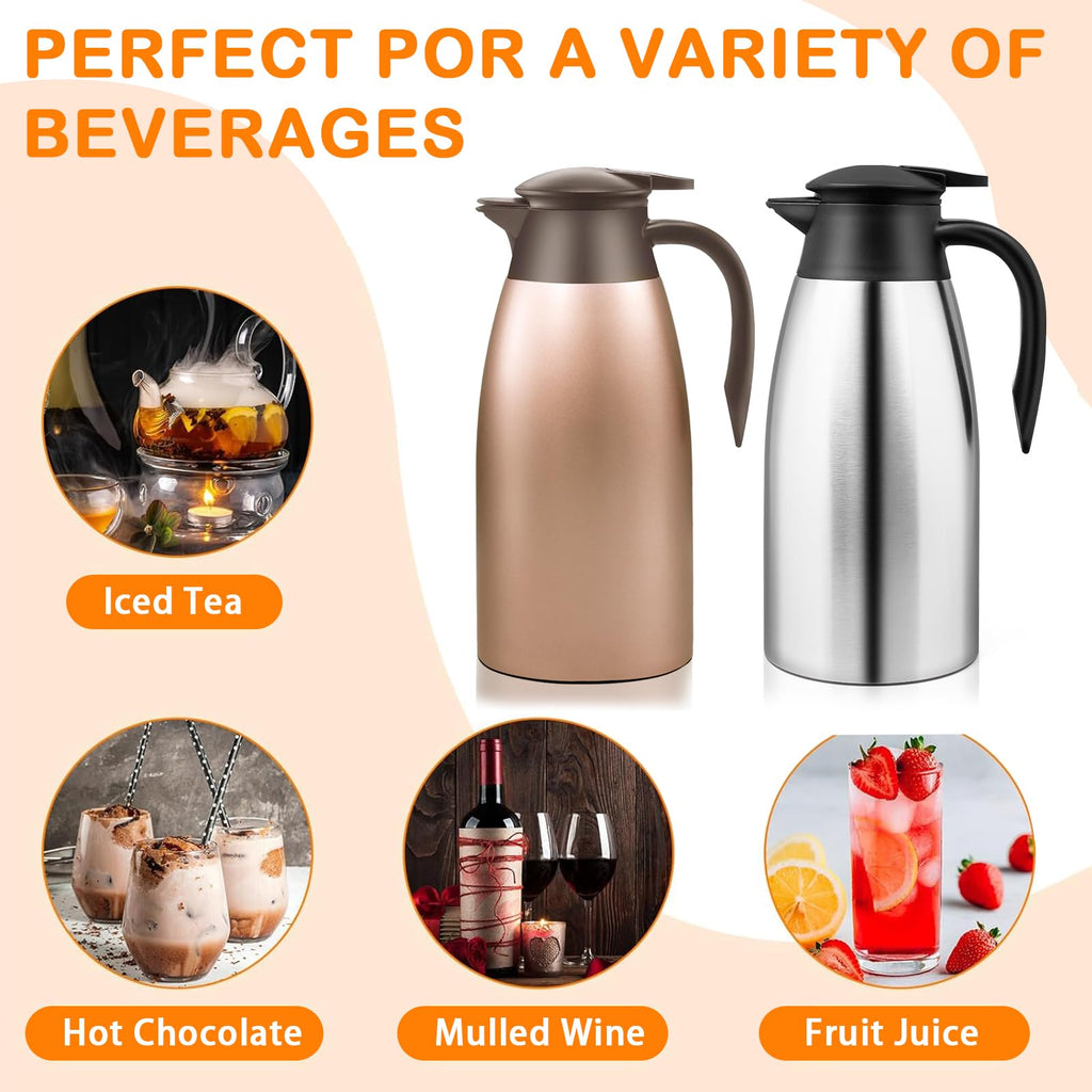 2 Pcs 68oz Stainless Steel Thermal Coffee Carafes, Double Walled Vacuum Carafe,Thermal Pot Flask for Coffee,Tea,Hot Water,Hot Beverage,12 Hours Hot, 24 Hours Cold (Silver, Rose Gold)