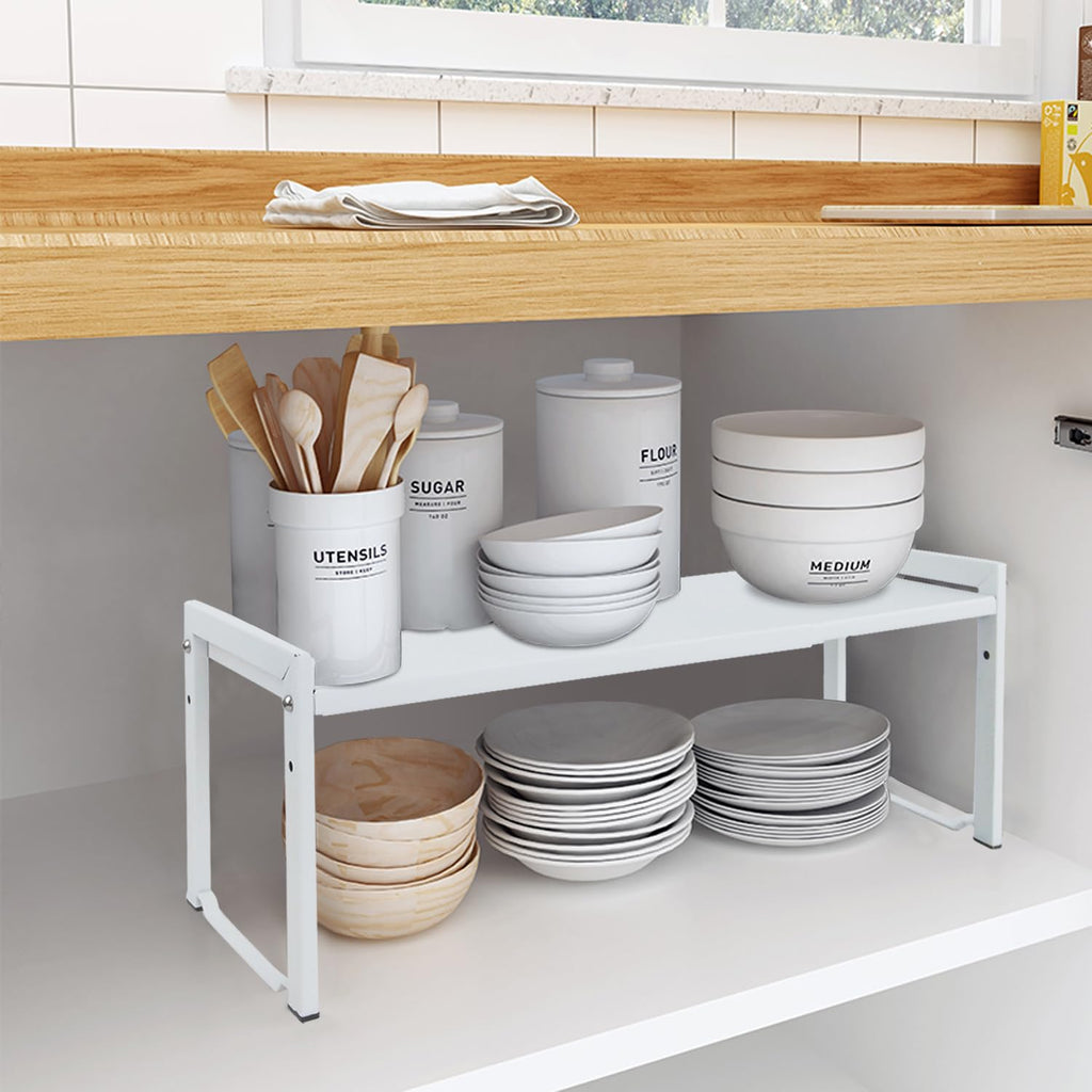 Expandable Cabinet Shelf13.8-26"(L), Stackable Kitchen Counter Shelf Organizer, Kitchen Spice Rack Pantry Shelf, Djustable Cupboard Organizer Storage Rack for Kitchen Office (White,1 pack M)