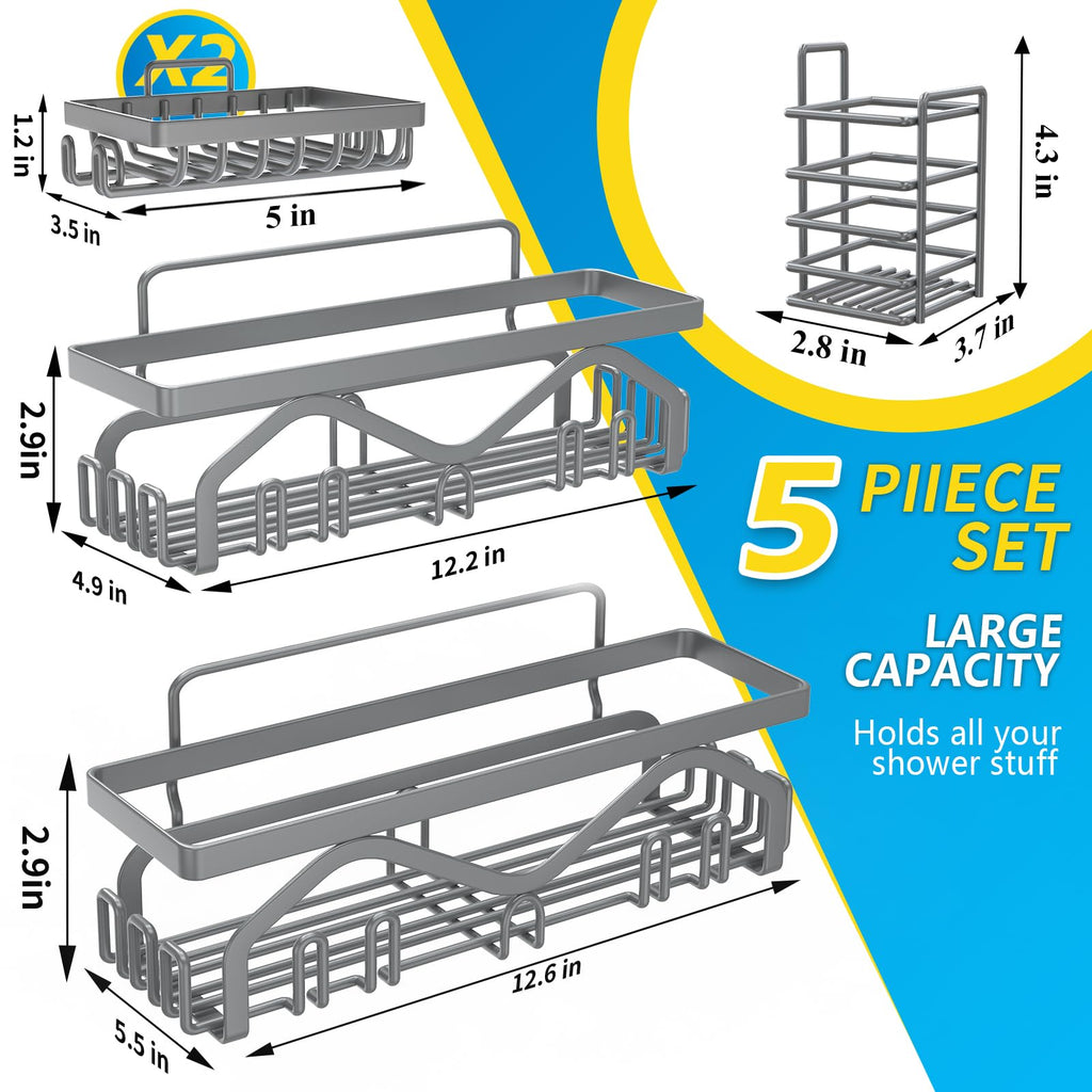 Coraje Adhesive Shower Caddy, 5-Pack Shower Shelves, Large Capacity Load Bearing 40 LBS Shower Organizer, No Drilling Shower Shelf, Rustproof Bathroom Shower Storage, Grey
