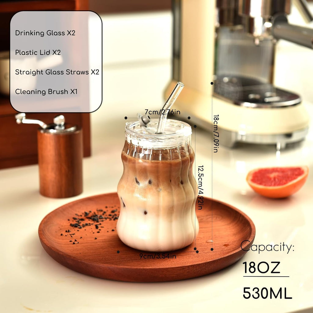2 Pack Cloud Glass Cups with Lids and Straws - 18oz Ripple Glass Tumbler for Iced Coffee, Matcha, Smoothies - Aesthetic Ribbed Drinking Glasses, Also for Overnight Oats Containers with Lids