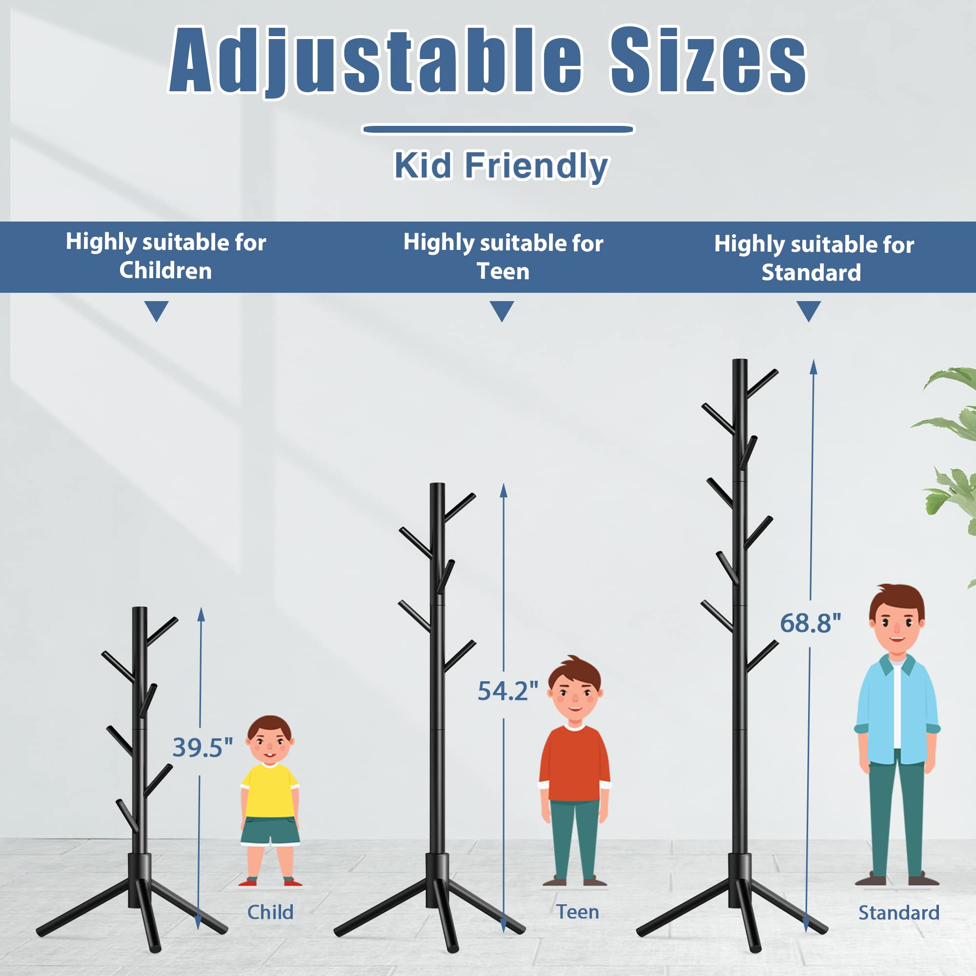 Haddockway Wooden Coat Rack Stand with 8 Hooks New Zealand Pine Adjustable Coat Standing Tree Easy Assembly for Coats, Hats, Scarves and Handbags for Entryway, Hallway, Bedroom, Office (Black)