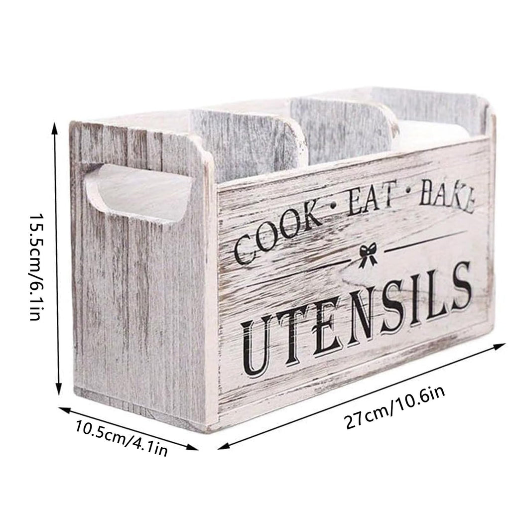Large Kitchen Utensil Holder with 3 Compartments, Wooden Storage Utensil Organizer for Kitchen Countertop, Farmhouse Decor, Rustic Cooking Utensil Kitchen Tool Organizer Utensil Caddy (White)