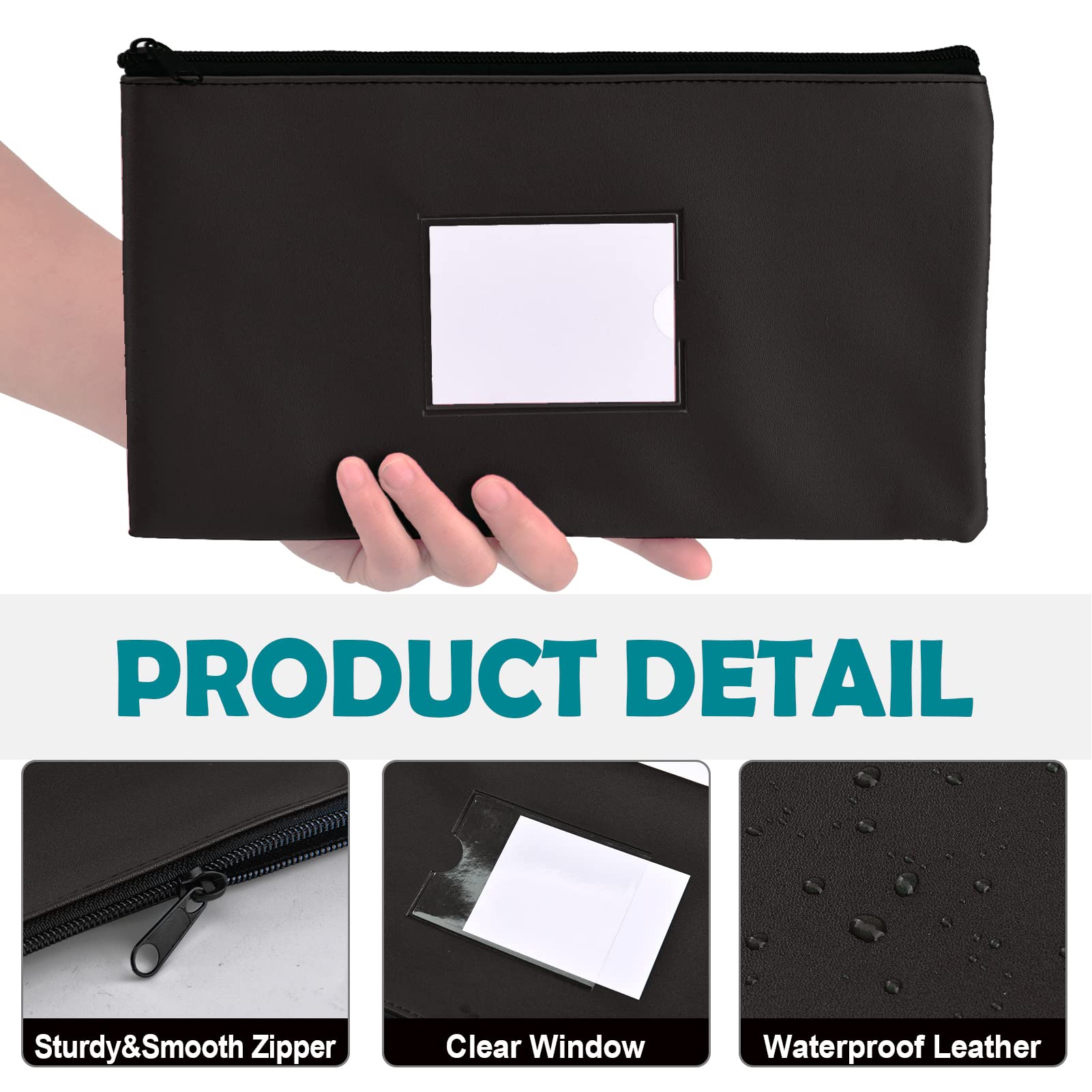 NICKANG Black Money Bags with Zipper for Cash | 11.25" x 6.25" | 6 Pack | Bank Deposit Bags with Zipper, Money Pouches for Cash, Cash Register Bags. (6 Black)