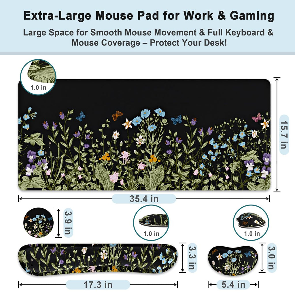 4 in 1 Extended Mouse Pad Set with Memory Foam Keyboard Wrist Rest, Mouse Wrist Cushion & Cute Coaster, Ergonomic Large Desk Pad for Home Office & Gaming (Wild Flowers)