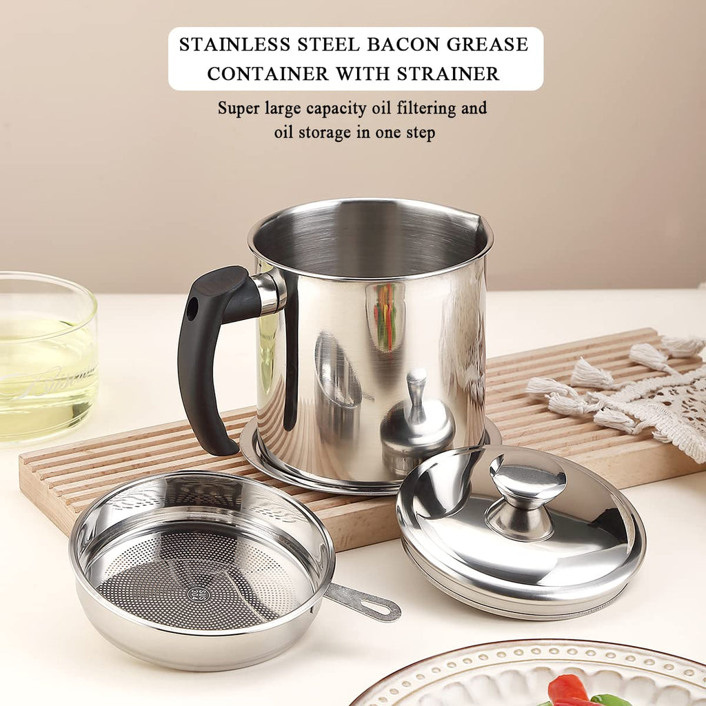 Kyraton Bacon Grease Container with Strainer, 48 oz Stainless Steel Oil Container, Pot Fat Storage with Lid, Easy Grip Handle Suitable for Storing Frying Oil and Cooking Grease