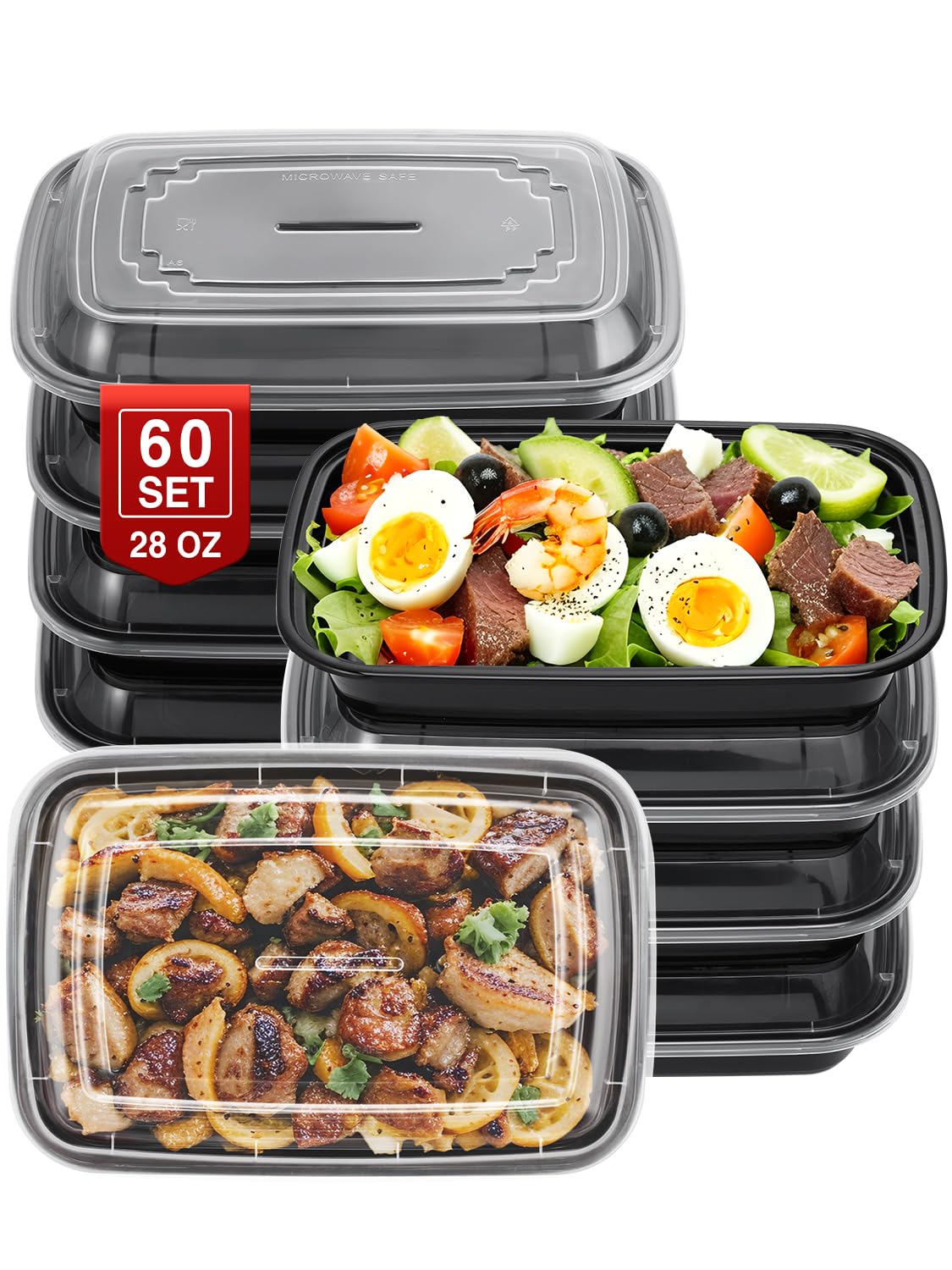 NEEBAKE 60 Sets 28oz Meal Prep Container - Reusable Plastic Food Storage Containers with Lids, Fits Microwave, Freezer and Dishwasher Safe