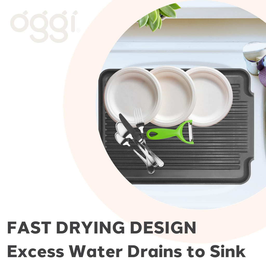 Oggi Dish Drain Board & Drying Rack Tray for Kitchen - Ideal Rigid Drainboard, Plate & Glass Drainer Tray, Dish Drain Boards for Kitchen Counter, 12.75 x 17.25 - Black