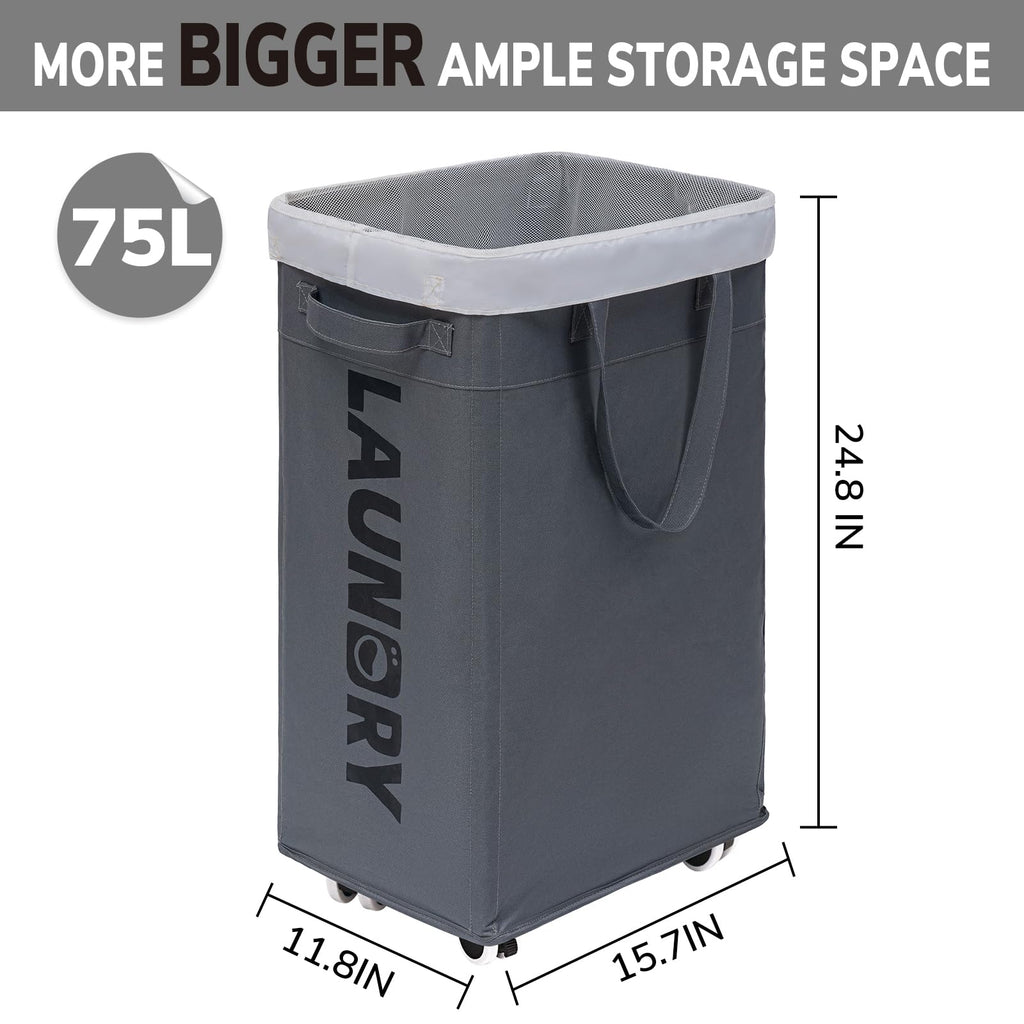 Goodpick 75L Large Laundry Hamper, Dorm Room Essentials, Laundry Basket with Wheels, Clothes Hamper with Removable Wash Bag for Bathroom, Grey