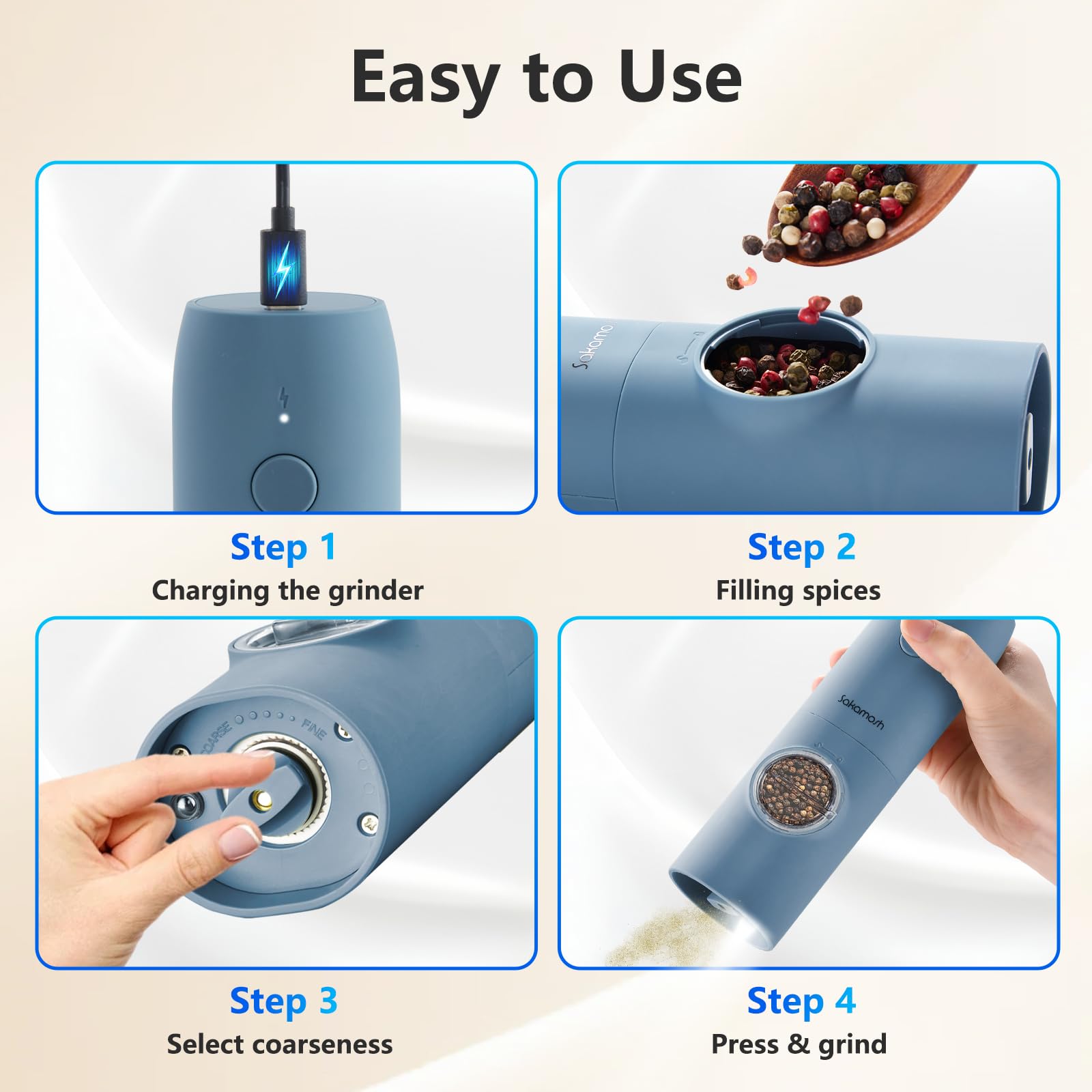 SAKAMOSH Electric Salt and Pepper Grinder Set, Rechargeable,Adjustable Coarseness with LED Light, Electric Salt and Pepper Shakers Refillable(2 Packs, Blue)