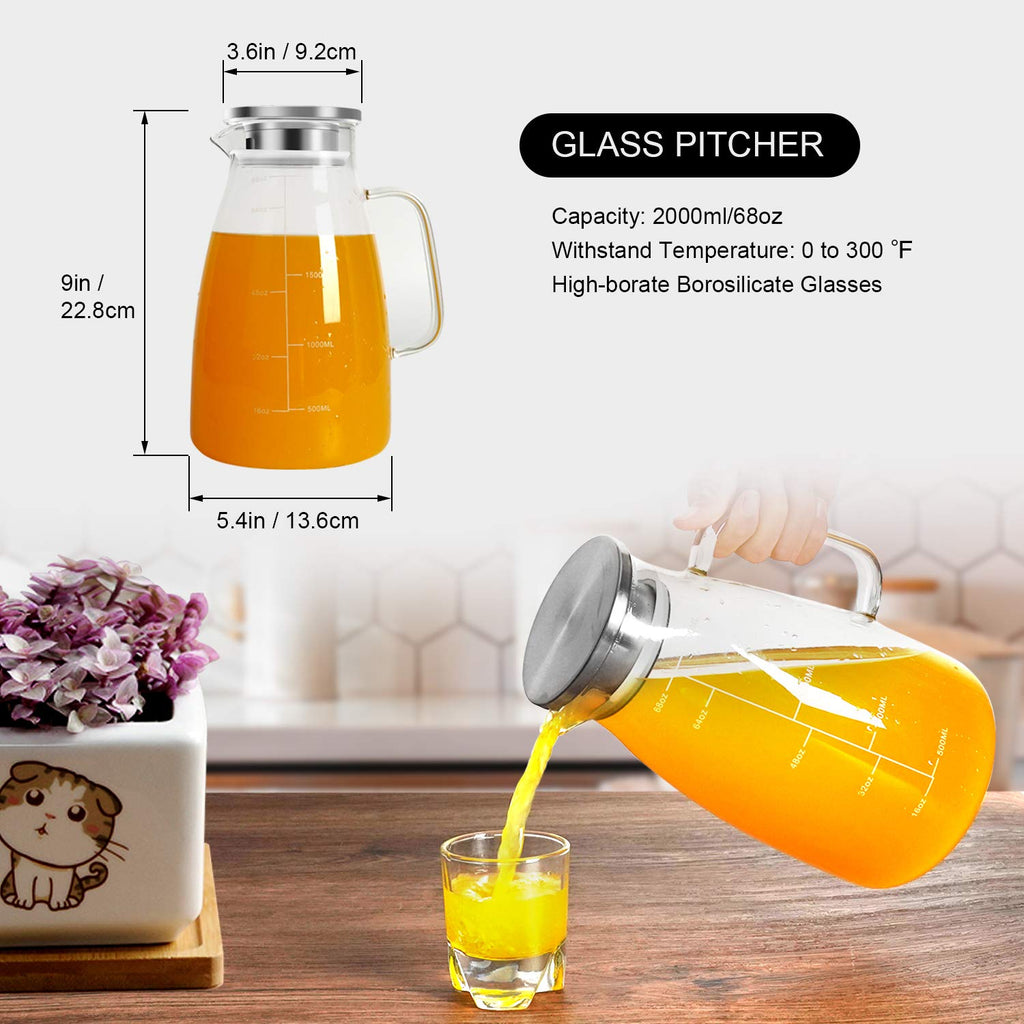 Water Pitcher, 2 L Glass Pitcher with Lid and Precise Scale Line, Stainless Steel Glass Jug, Easy Clean Heat Resistant Borosilicate Ice Tea Pitcher for Coffee, Milk, Juice, Cold or Hot Beverages