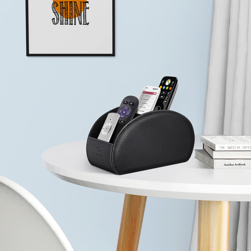 Fintie Remote Control Holder with 5 Compartments, Vegan Leather TV Remote Caddy Desktop Organizer Fits TV Remotes, Media Controllers, Office Supplies, Makeup Brush, Black