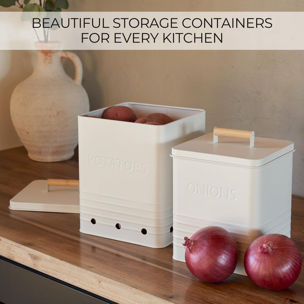 ZICOTO Beautiful Potato Storage Box Set of 2 For Kitchen Countertop - Perfect Storage Containers For Onion, Garlic, Vegetable - Food Safe Metal Holder Bin Set For Fruits
