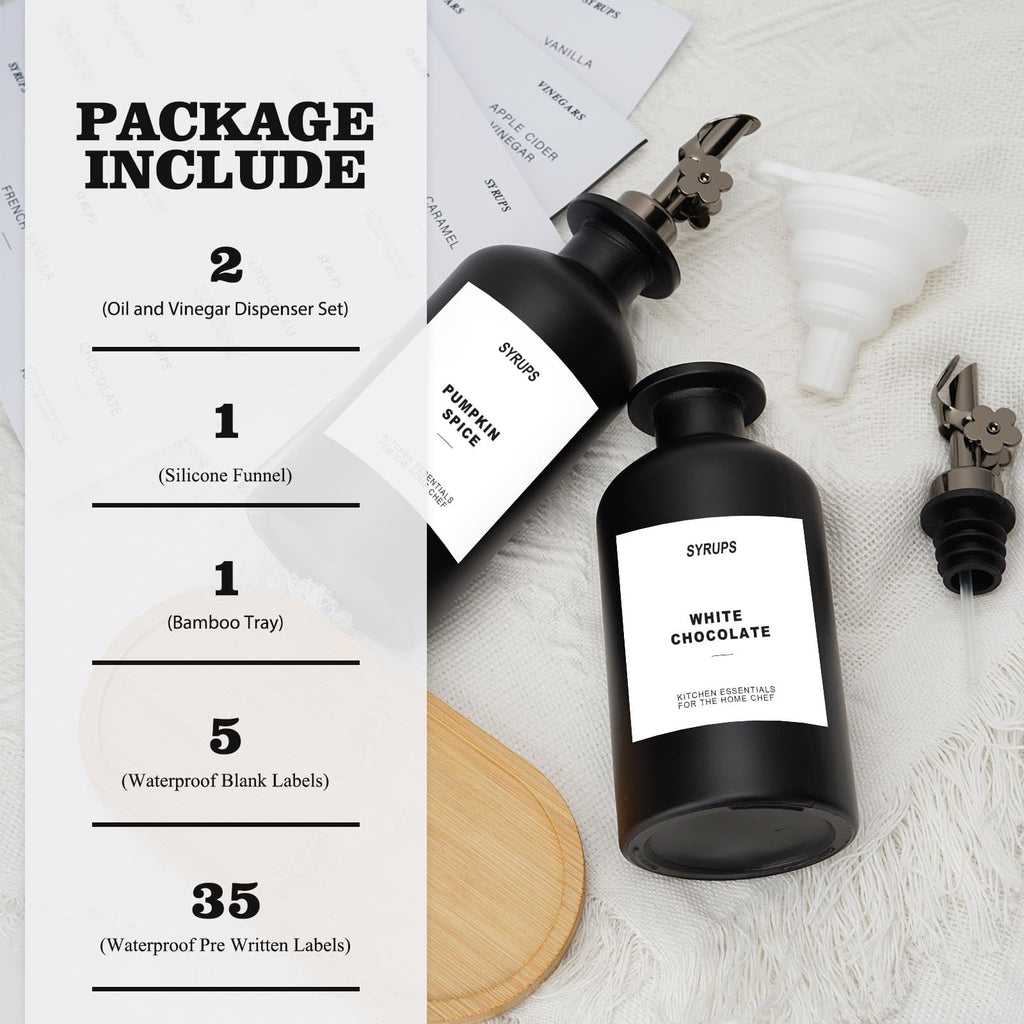 Sunal Olive Oil Dispenser Bottles with Tray,Set of 2 Black Olive Oil Dispenser,350ml/11.8oz Glass Oil and Vinegar Dispenser Set for Kitchen with Weighted Pourer and Waterproof Label&Silicone funnel