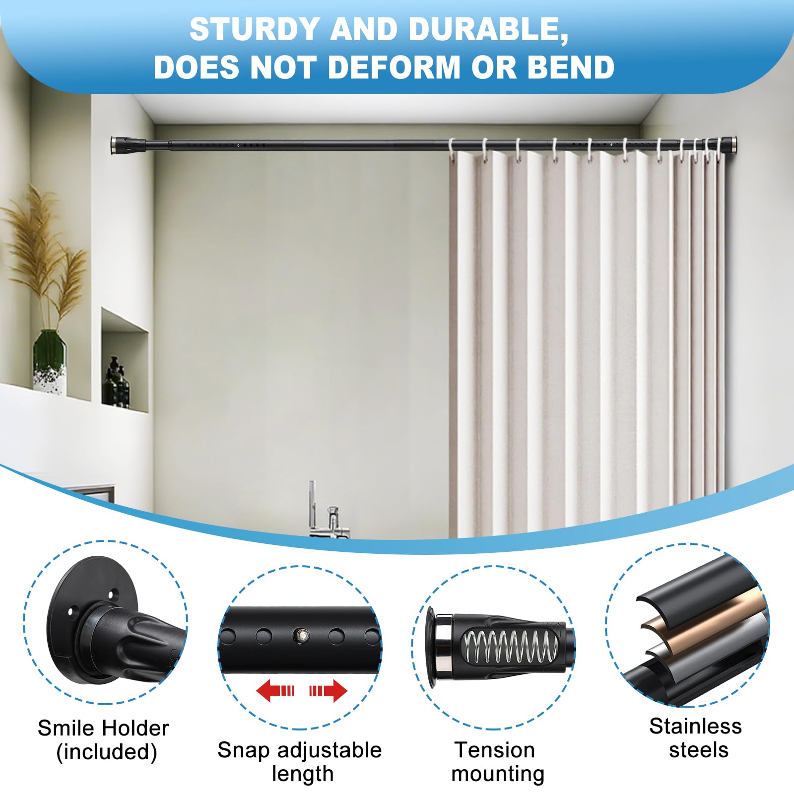 Tension Shower Curtain Rod, 42 to 100 inch Adjustable Heavy Duty black shower tension curtain rod for bathroom Closet Windows