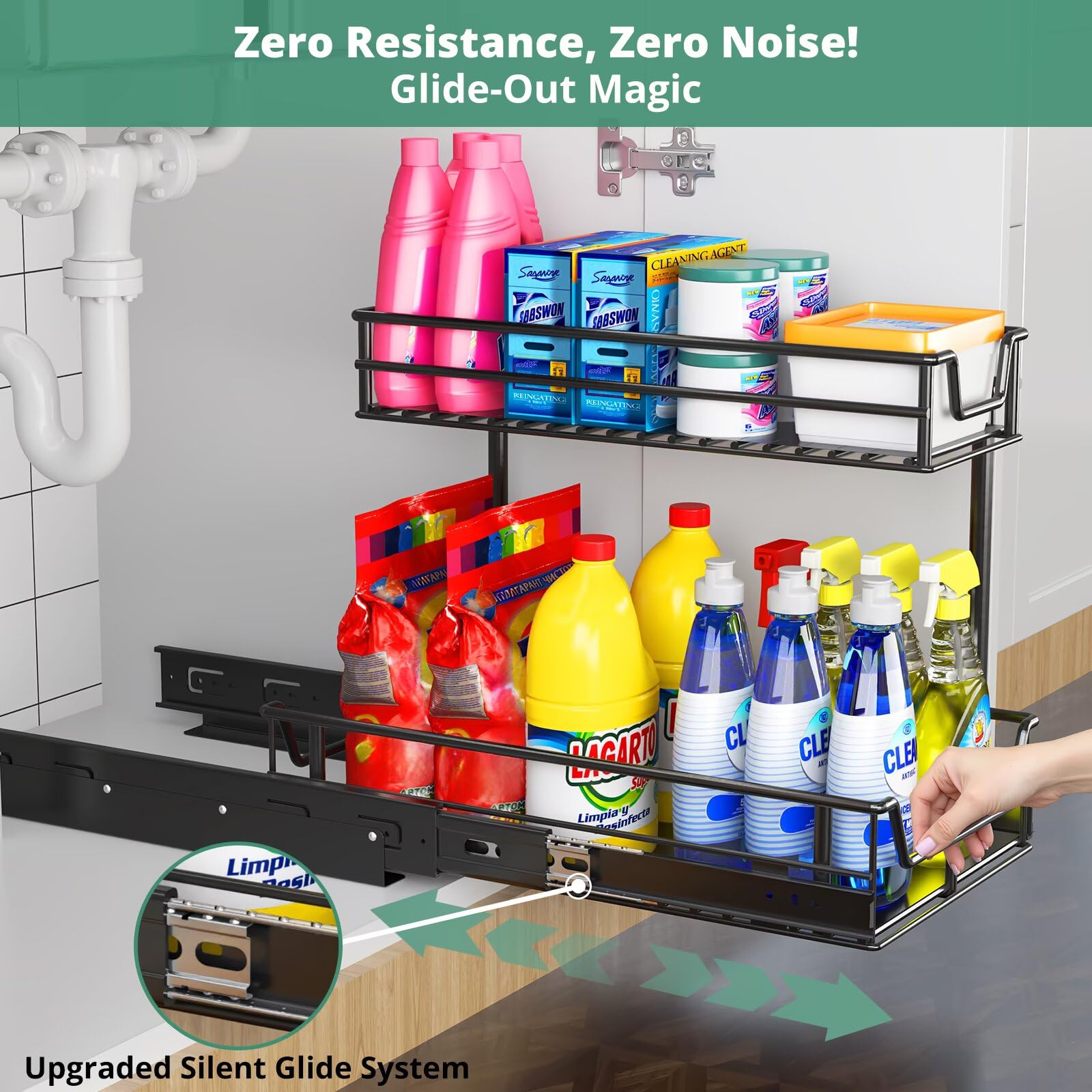 Under Sink Organizer 1-Pack, 27kg Load Smooth Glide Pull Out Drawer & 2-Tier Slide Out Shelf - Under Cabinet Storage for Kitchen & Bathroom, Rust-Resistant Steel, Fits Height≥48cm Depth≥46cm