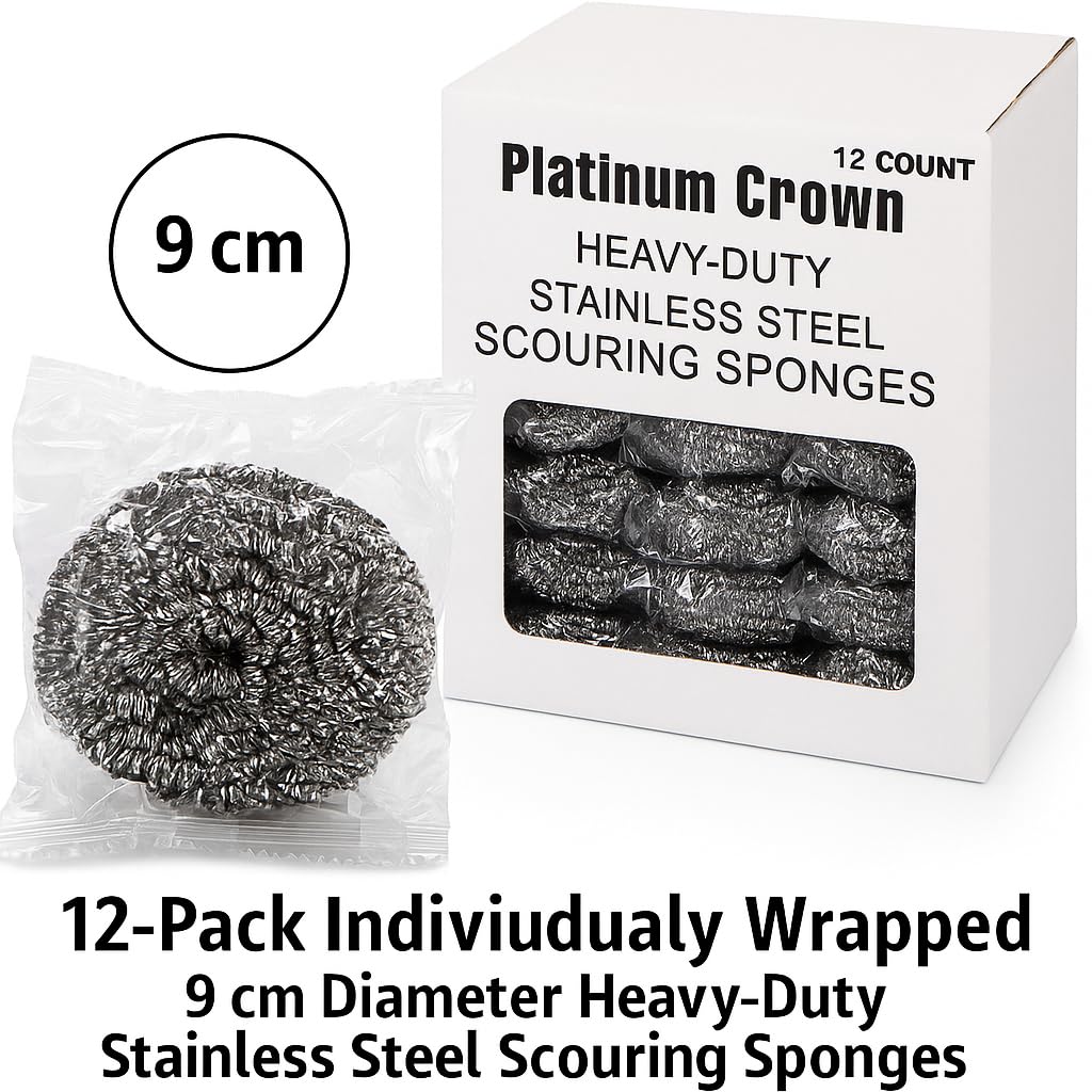 Platinum Crown Heavy-Duty Stainless Steel Wool Scouring Sponges – Rust-Resistant, Long-Lasting, for Pots, Pans, Grill, Oven & Kitchen Cleaning Invidual Packed– 12 Pack 44grams Each