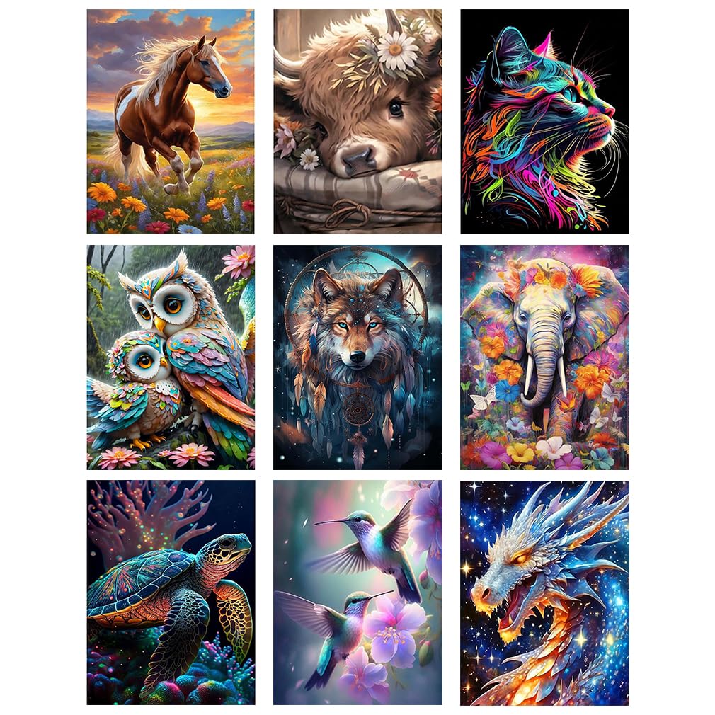9 Pack Diamond Painting Kits,Cow Hummingbird 5D Diamond Art Kits for Adults Wolf Cat Full Drill Diamond Paintings Kit for Adults Beginners, DIY Animal Diamond Painting Packs Gem Art Home Wall Decor 11.8x15.7in