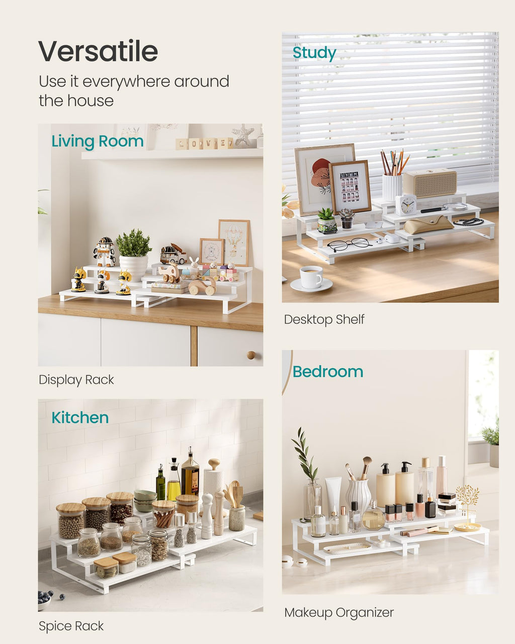 SONGMICS Display Risers, Set of 2 Engineered Wood Perfume Organizer Stand, 3-Tier Cupcake Stand Holder, Spice Rack, Shelf Risers for Figures, Dessert Shelves, Snow White and Cloud White UKCS116W01