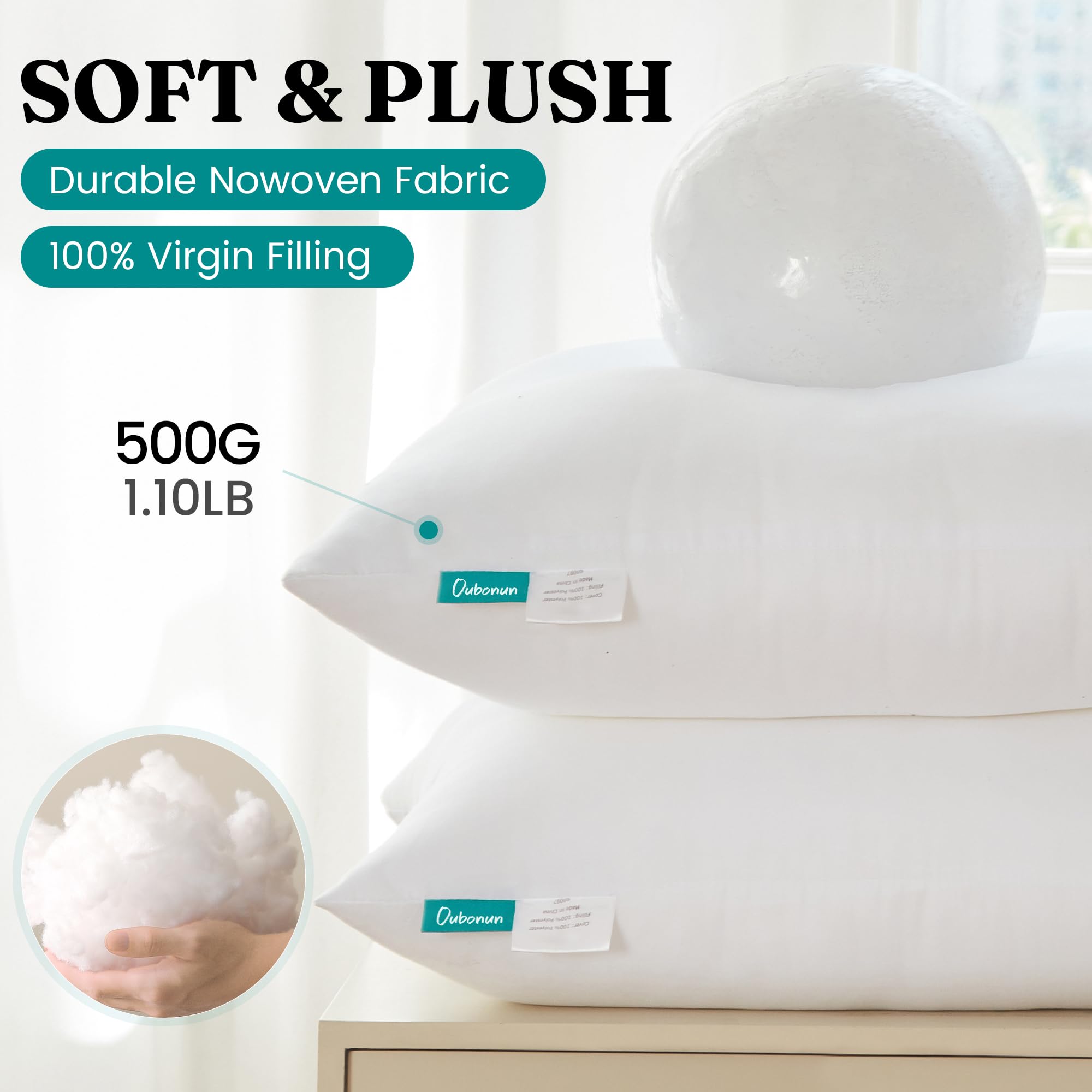 Oubonun 18 x 18 Throw Pillow Inserts - Soft, Plush & Decorative Down Alternative Pillows for Couch Sofa Bed, Machine Washable - White, Pack of 2