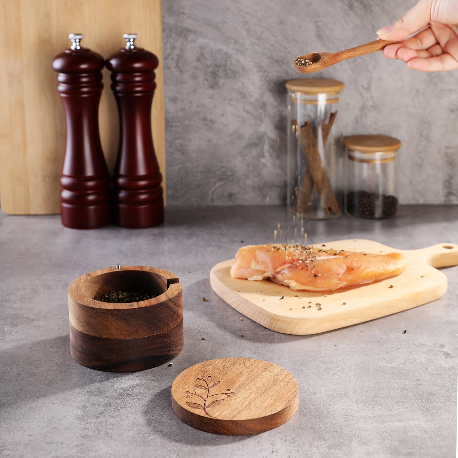 DGYLL Acacia Wood Salt Container with Spoon Keeper Salt Box Spice Storage Box Condiment Pot Sugar Bowl with Spoon and swiveling lid Size: 3.5DIA x 2.5H inch (1pc no Pattern/w Spoon)