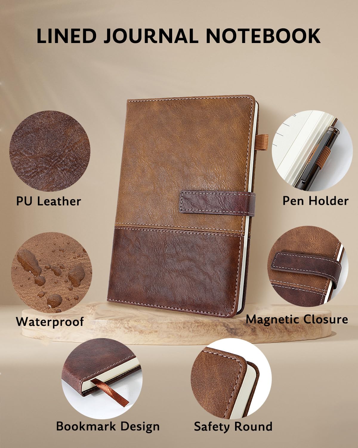 Leather Notebook Journal with Pen, A5 Lined Hardcover Notebook with Magnetic Closure, 240 Pages Daily Journal for Men Women, Ruled Journals Notebooks for Work, Writing, Note Taking - Brown