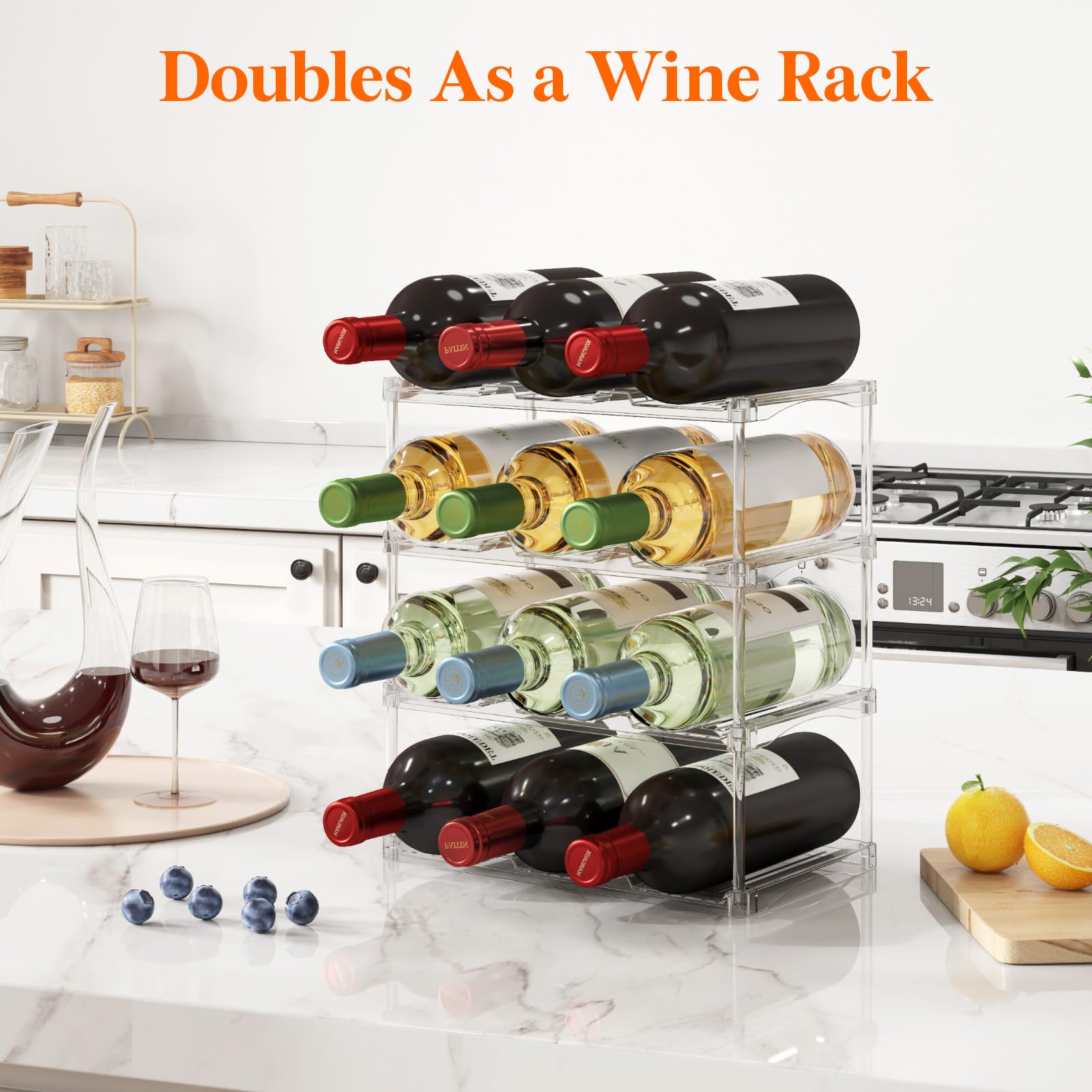 Lifewit Stackable Water Bottle Organizer for Cupboard, Freezer, Pantry, Plastic Bottle Holder for Kitchen Worktop, Cabinet, Desk, 4 Tier for 12 Bottles