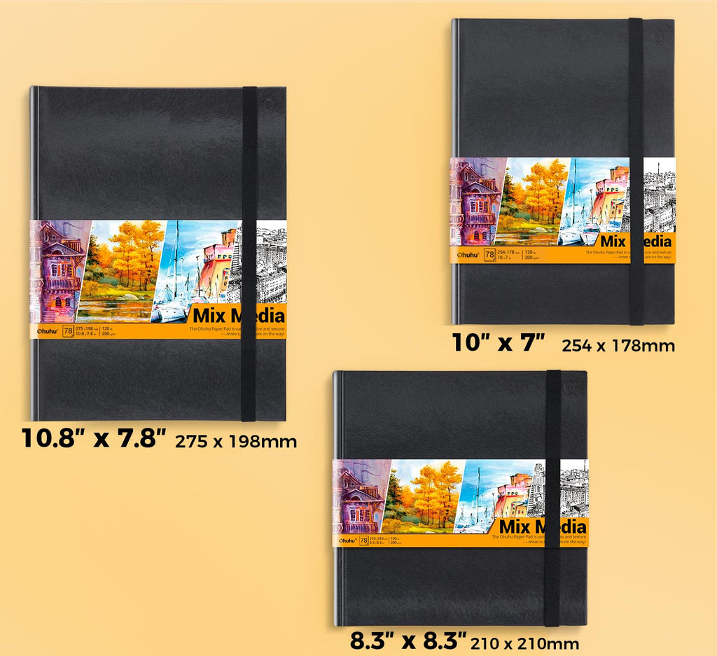 Mix Media Sketchbook, Ohuhu 8.3"×8.3" Watercolour Sketchbook for Wet or Dry Media, 120 LB/200 GSM Heavyweight Mixed Media Art Papers, 78 Sheets/156 Pages, PU Hardcover Mixed Media Paper Pad for Acrylic, Painting