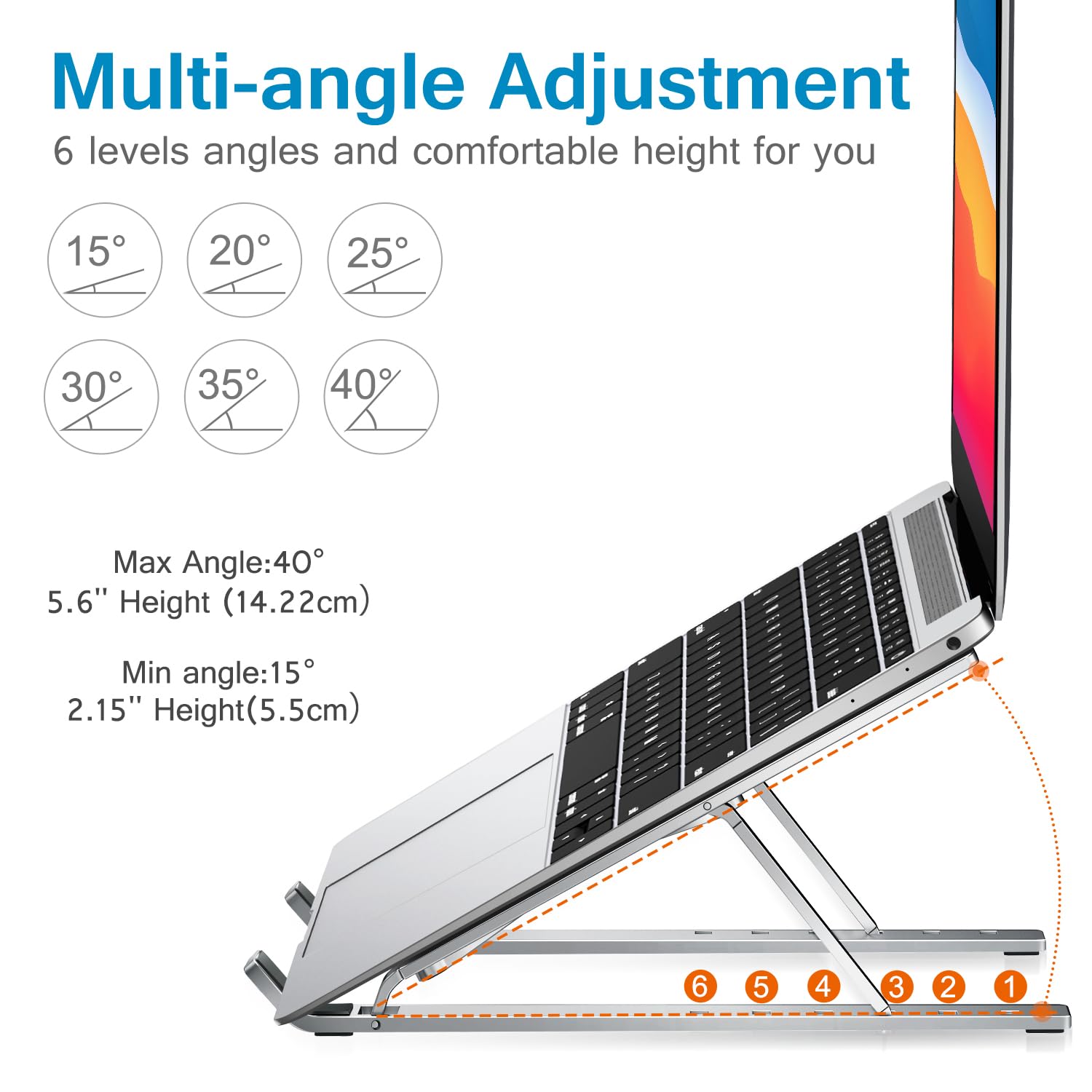 Laptop Stand, iVoler Laptop Holder Riser Computer Tablet Stand, 6 Angles Adjustable Aluminum Ergonomic Foldable Portable Desktop Holder Compatible with MacBook,iPad, HP, Dell, Lenovo 10-15.6”Silver