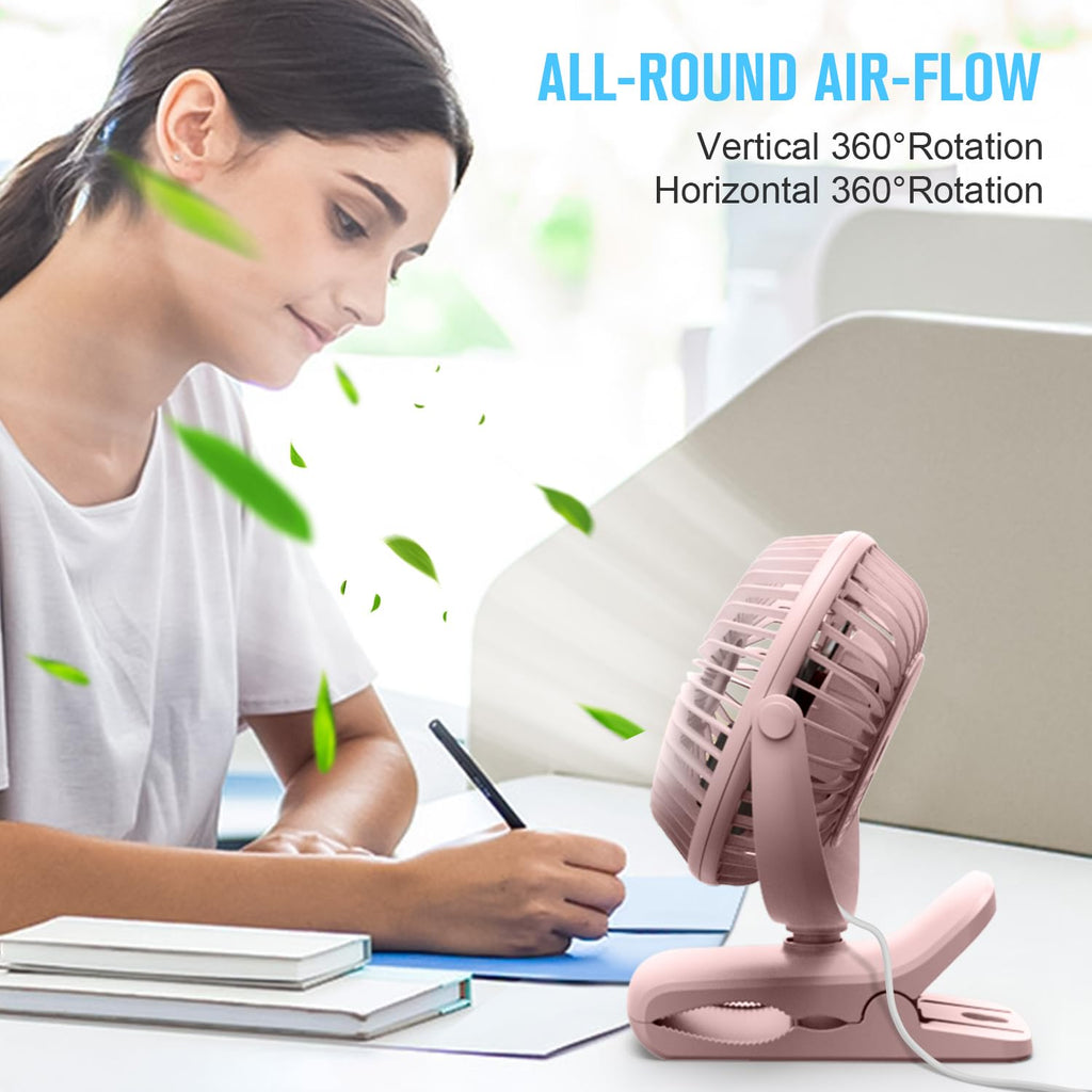 BESKAR USB Powered Clip on Fan, Portable Small Fan with Cord, 3 Speeds Strong Airflow, Personal Fan with Sturdy Clamp, Quiet Desk Fan & Clip Fan