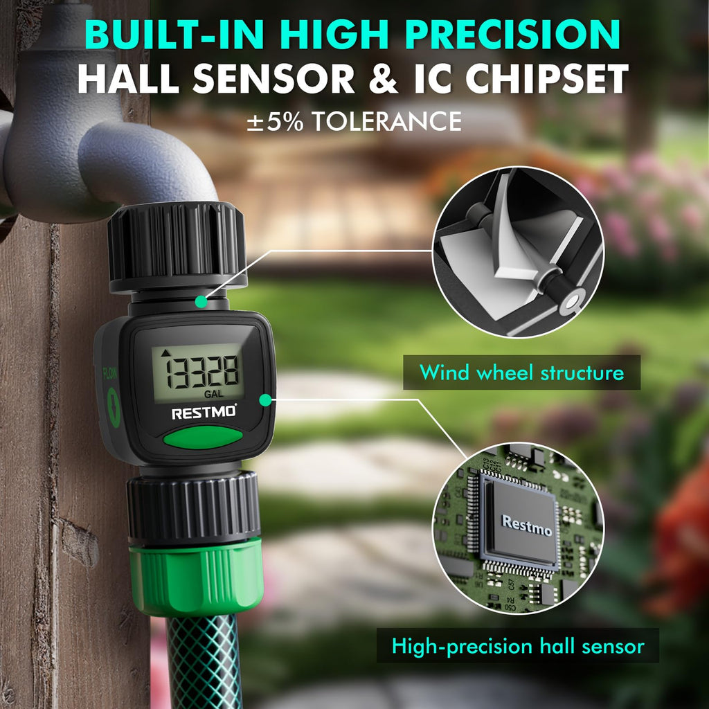 RESTMO Water Flow Meter, High Measure Accuracy, Measure Gallon/Liter Consumption and Flow Rate for Outdoor Garden Hose Watering, RV Water Tank Filling, Lawn Sprinkler and Nozzle Sprayer