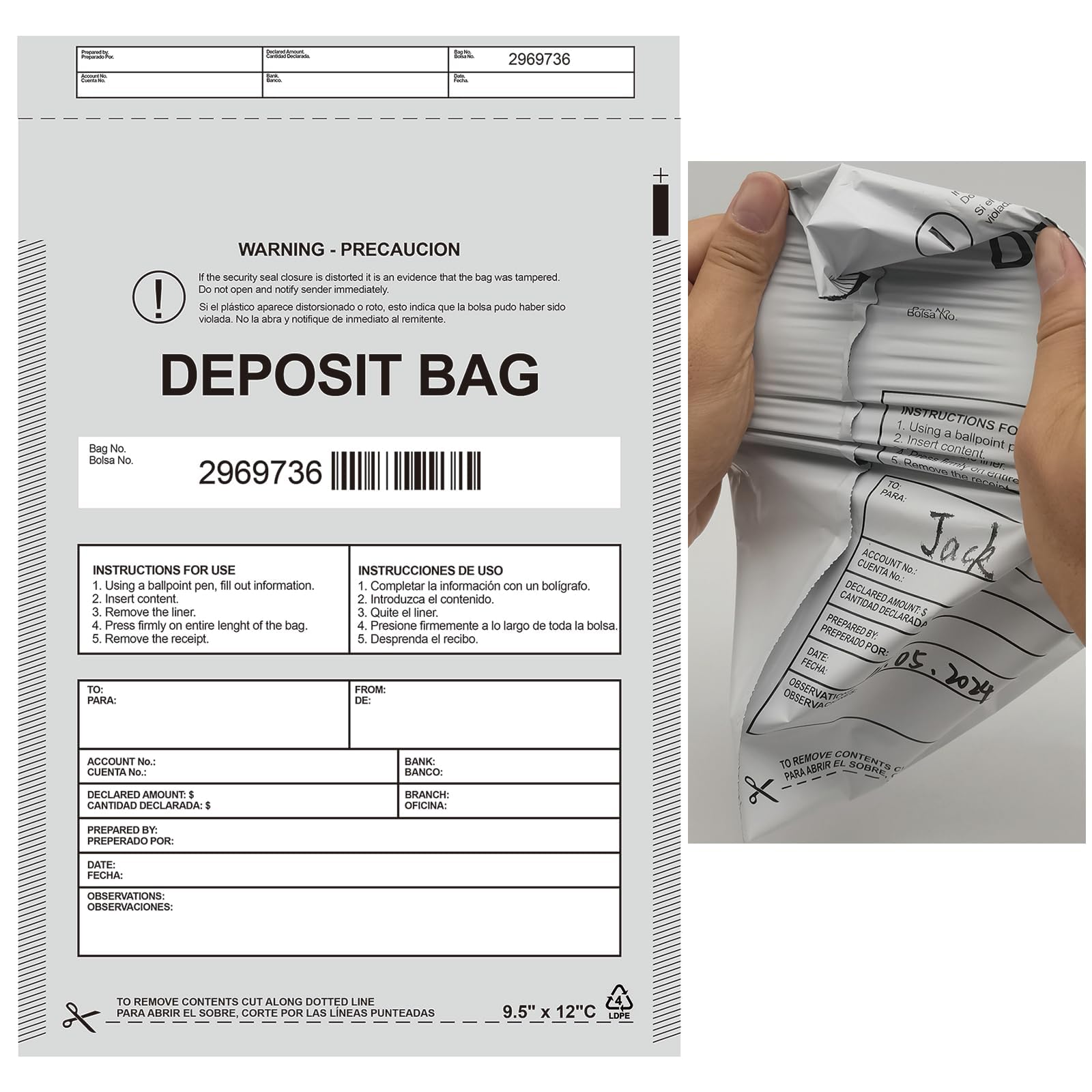 Plastic Deposit Bags 100-Pack Opaque 9.5''x 15'', Opaque Security Bank Deposits Bags,Cash register bag,Money bag for Cash,Bank Pocket,Tamper-Evident Bag,Unique Barcode