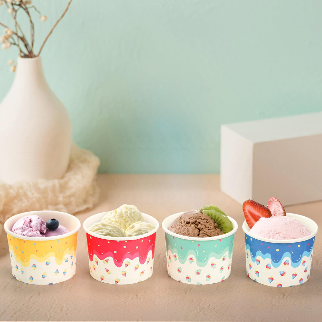Lawei 100 Pack Ice Cream Cups, 8 Oz Disposable Paper Ice Cream Sundae Bowls for Cold and Hot Foods, Party Supplies Treat Cups dessert bowls for Ice Cream, Sundae, Frozen, Yogurt, Soup, Snack, 4 Colors