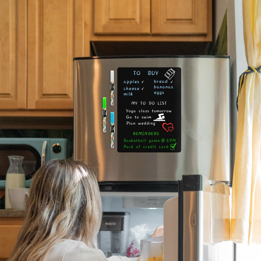ANLIOTE Magnetic Dry Erase Board Fridge Black Board Sheet 17"x11", Easy to Write and Wipe Refrigerator Chalkboard, Flexible Magnet Whiteboard for Home Kitchen Organizer Grocery List, 3 Chalk Markers