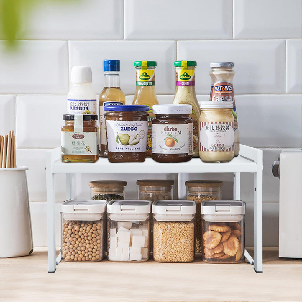 Expandable Cabinet Shelf13.8-26"(L), Stackable Kitchen Counter Shelf Organizer, Kitchen Spice Rack Pantry Shelf, Djustable Cupboard Organizer Storage Rack for Kitchen Office (White,1 pack M)