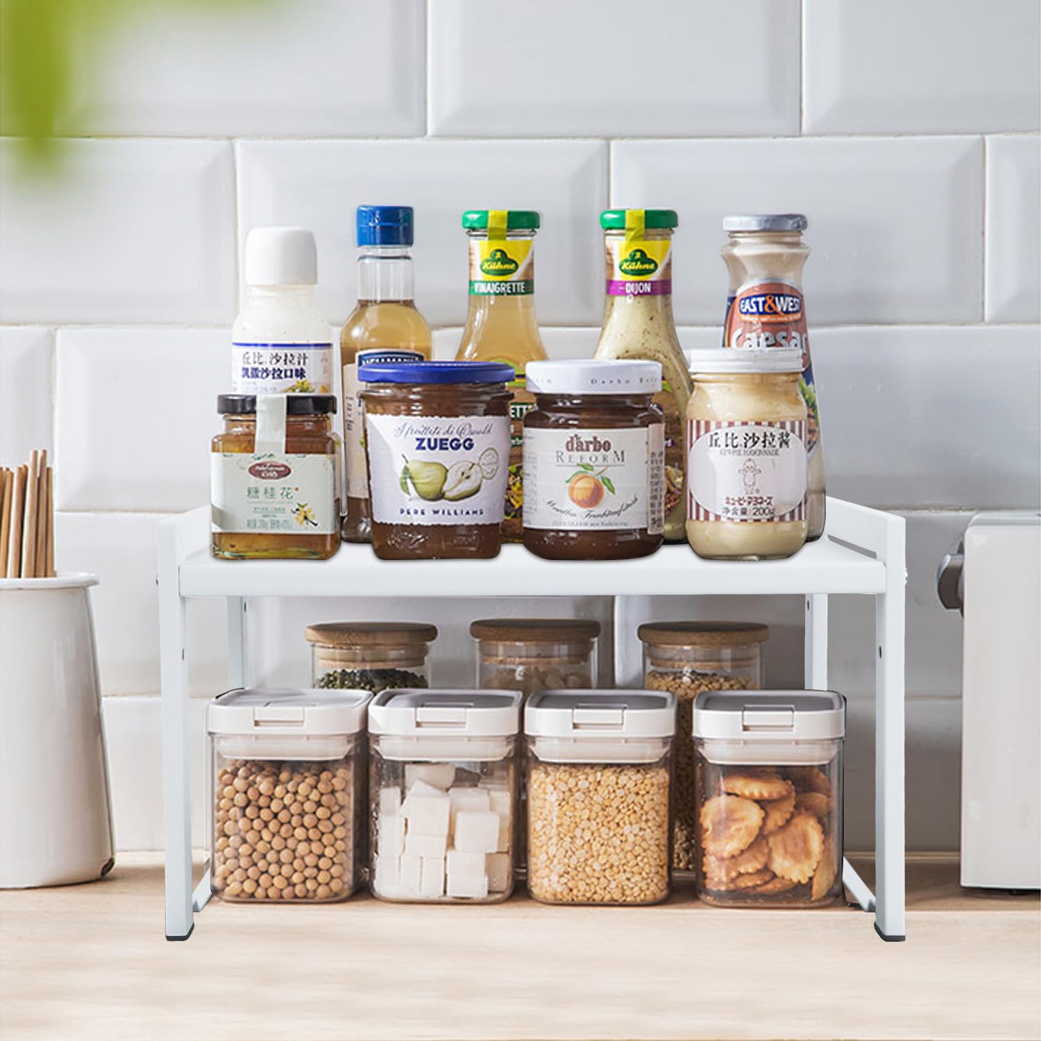 Expandable Cabinet Shelf13.8-26"(L), Stackable Kitchen Counter Shelf Organizer, Kitchen Spice Rack Pantry Shelf, Djustable Cupboard Organizer Storage Rack for Kitchen Office (White,1 pack M)