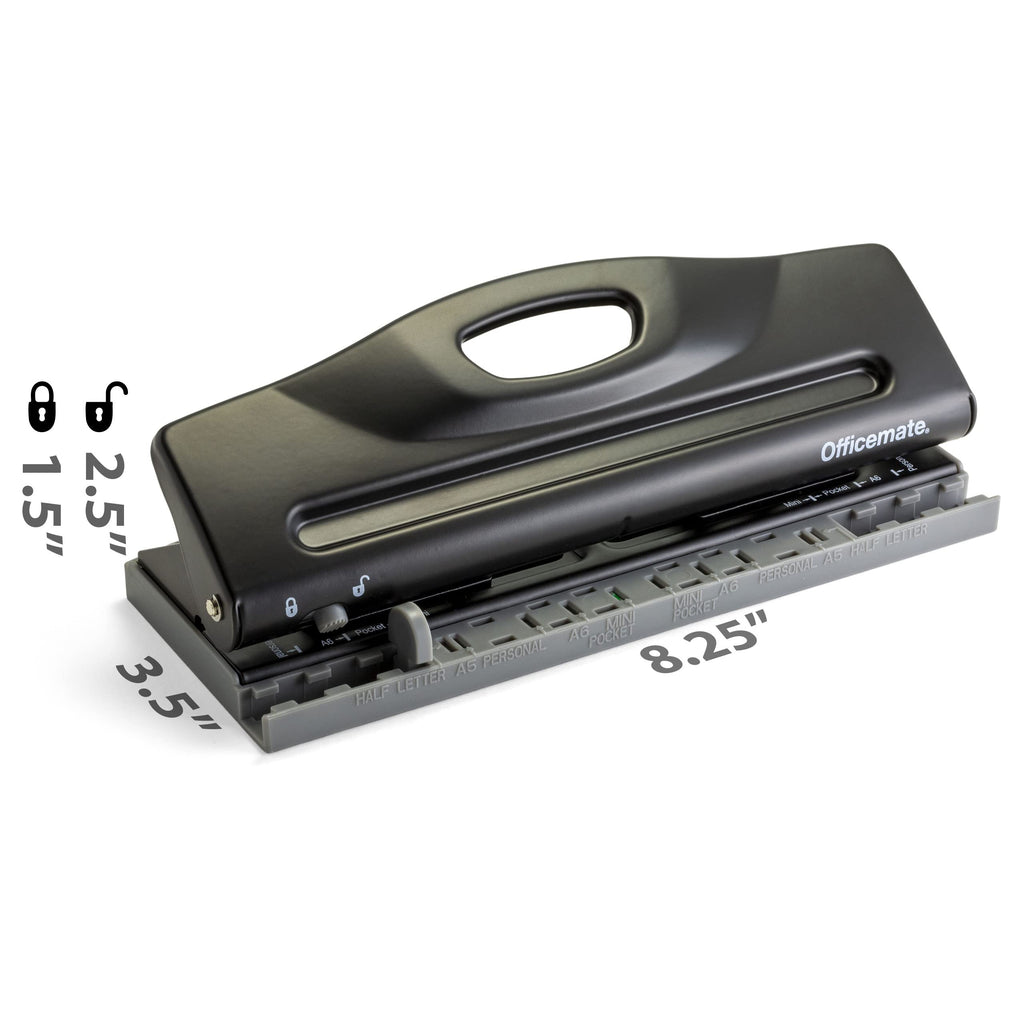 Officemate Adjustable 6-Hole Punch for Planners and Binders, 8 Sheet Capacity, Black (90160)
