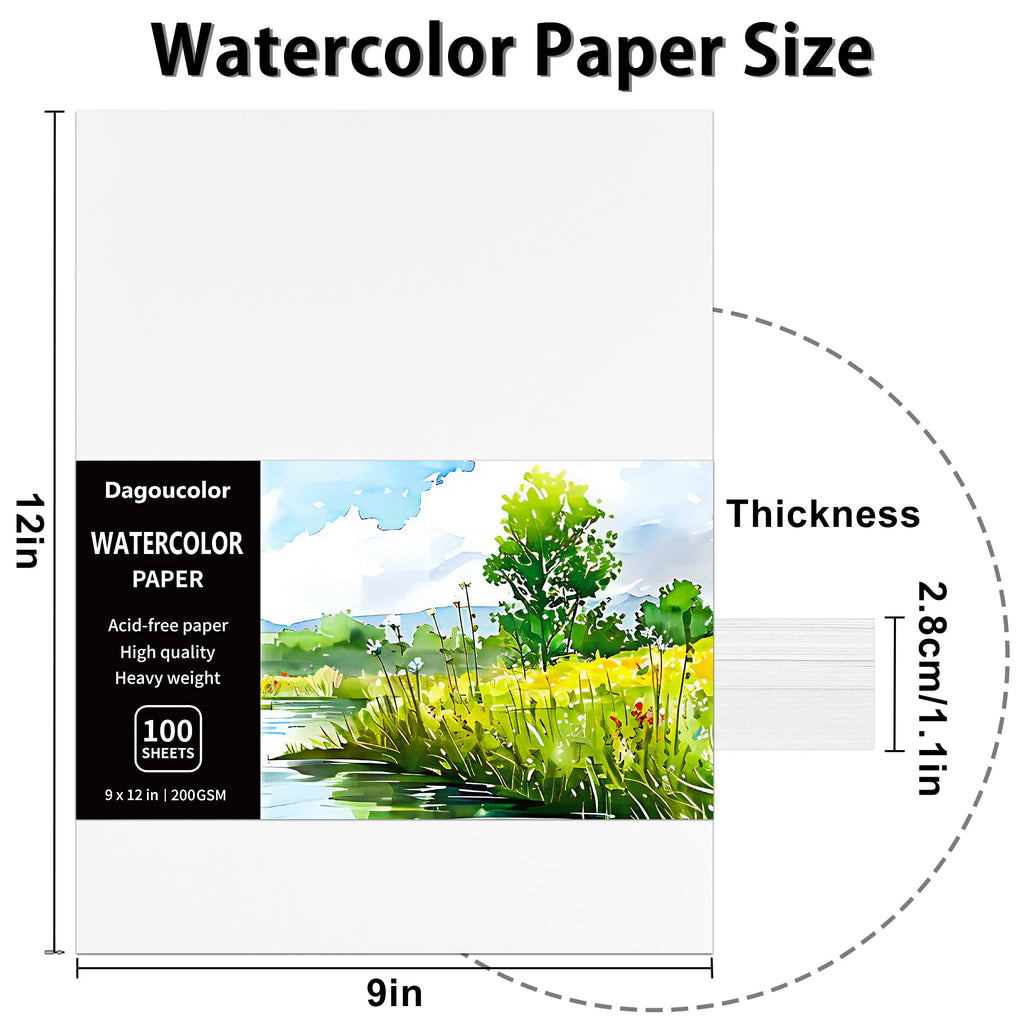 DagouColor Watercolor Paper, 9" x 12", 200GSM, 100 Pcs Bulk Water Color Paper, Art Supplies for Artists Adults Boys Girls Students, Painting, Drawing, Mixed Media