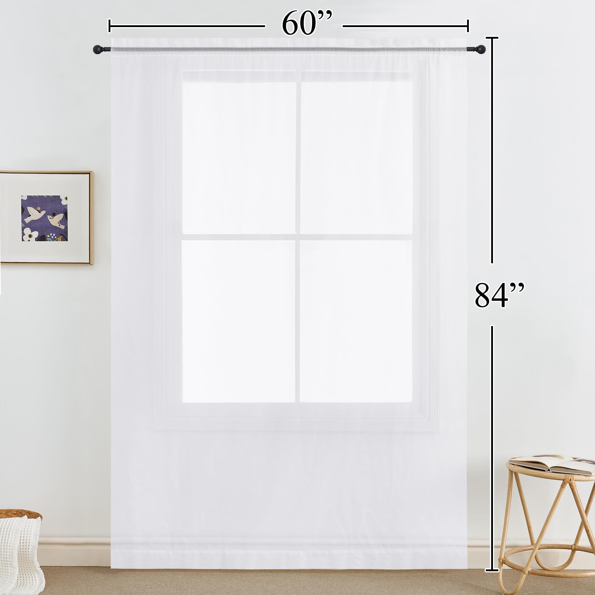 NICETOWN White Sheer Curtains 84 inches Long for Living Room, Rod Pocket Window Treatments Solid Voile Sheer Light Filtering Drapes for Bedroom (White, 2 Panels, W60 x L84)
