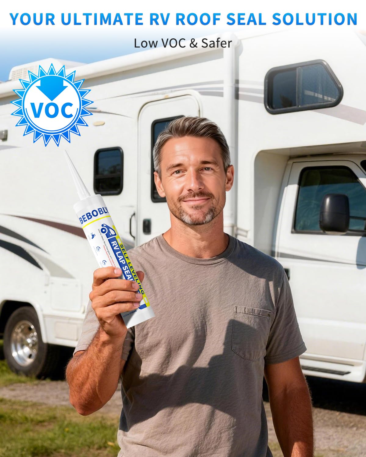 BEBOBLY RV Roof Sealant, Self Leveling Lap Caulk White, RV Caulking Waterproof, Flexible & Non-Cracking, RV Lap Sealant for Camper, Trailer & Motorhome Roof Repair, Secure Odorless, 2 Pack