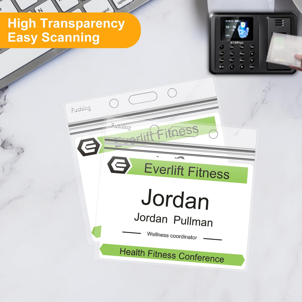 Fushing Pack of 50 Clear Plastic Horizontal Badge Holders, Name Tag Holders, Card Holders(L)