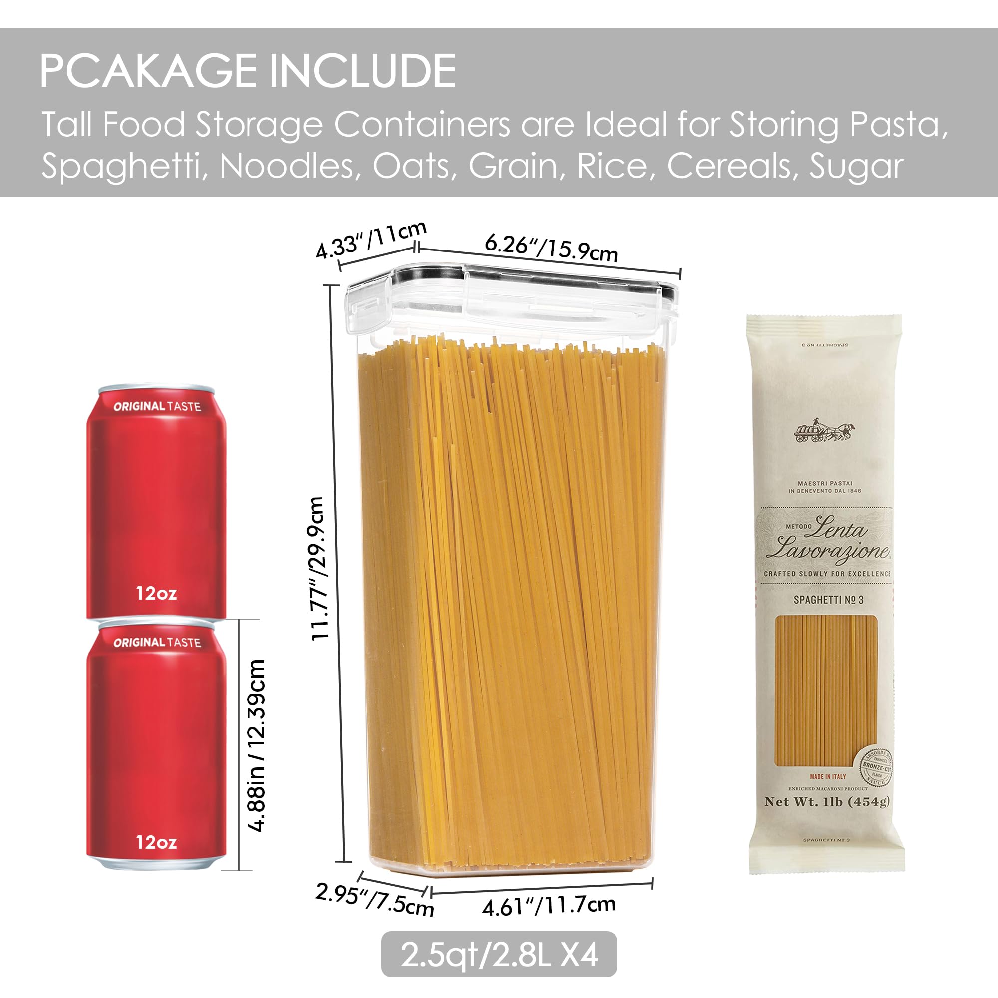 Vtopmart Airtight Food Storage Containers With Lids, 4 PCS 2.8L Pasta Containers for Pantry Organization and Storage, Kitchen Organization for Spaghetti, Flour, Sugar and Noodles, Black
