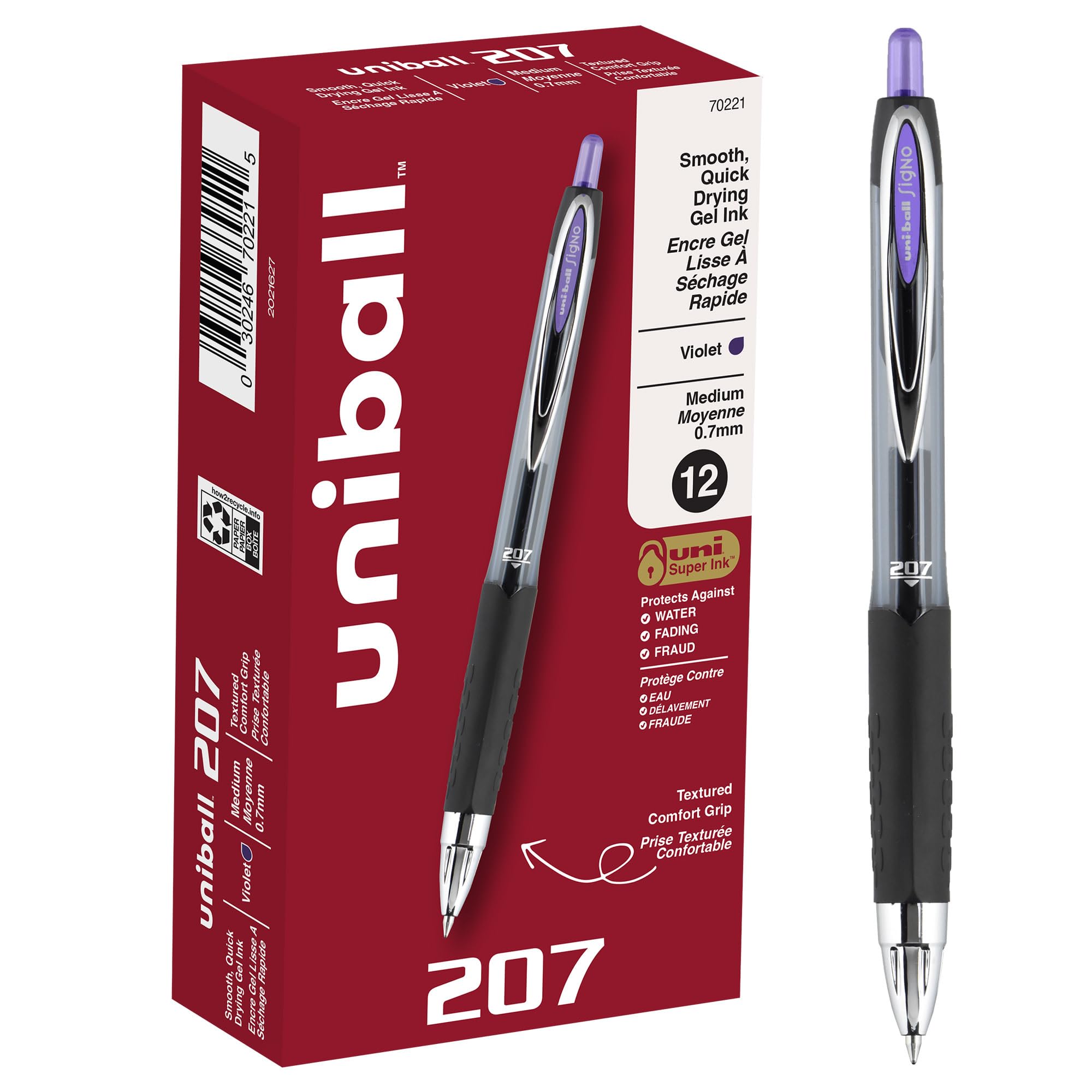 uni-ball 70221 207 Retractable Gel Pens, Medium Point (0.7mm), Purple, 12 Count