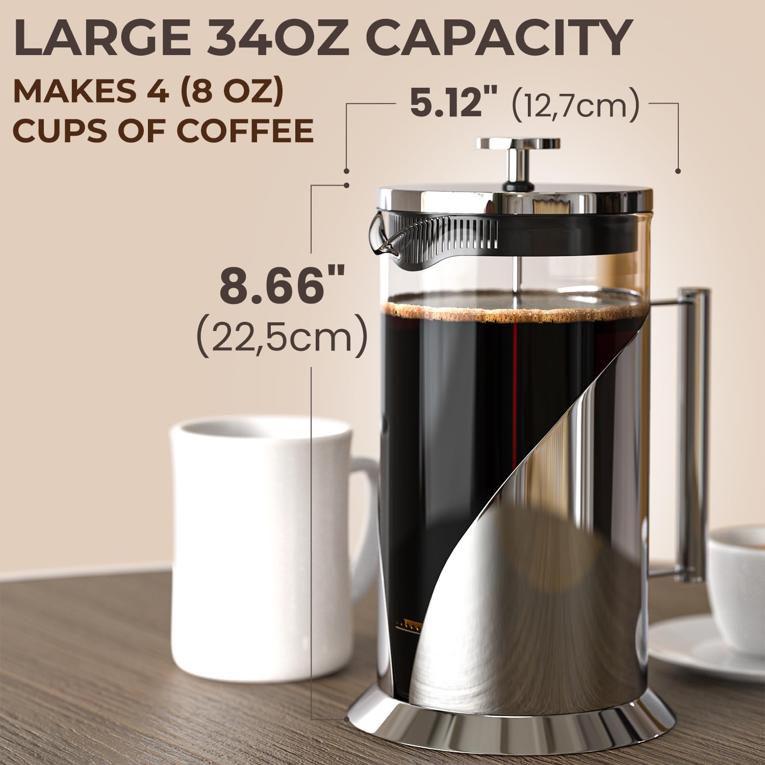 French Press Coffee Maker 34oz – Stainless Steel & Glass Coffee Press with 4-Level Filtration, BPA-Free Cafetiere for Camping or Home – Large, Durable for Hot & Cold Brew