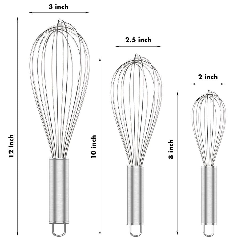 OYV 304 Stainless Steel Whisk Set, Dishwasher Safe Rustproof Metal Whisk, Professional Balloon Wire Whisks for Kitchen Cooking, Perfect for Blending, Whisking, Baking, Beating, 3 Packs (8" 10" 12")