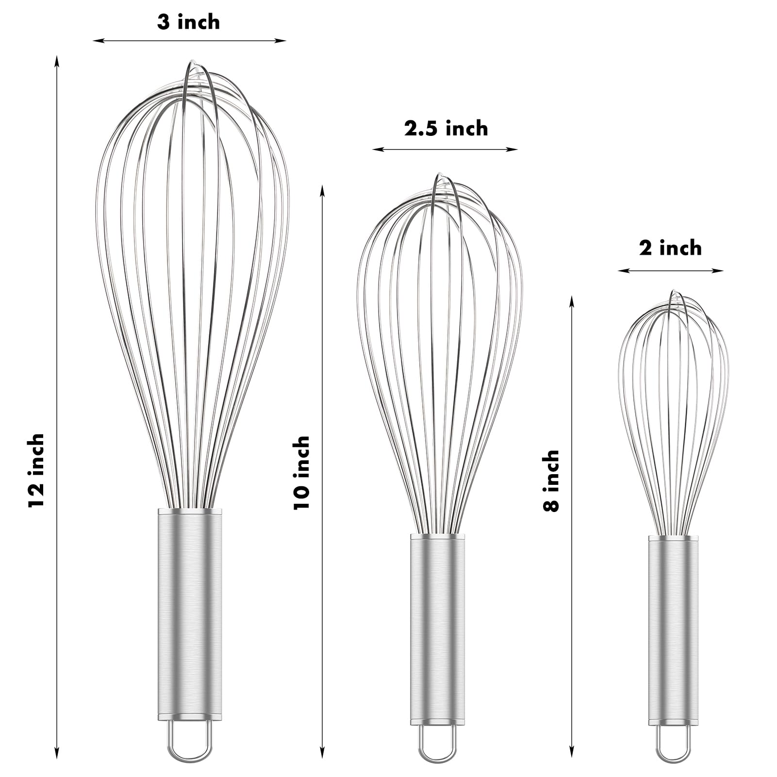 OYV 304 Stainless Steel Whisk Set, Dishwasher Safe Rustproof Metal Whisk, Professional Balloon Wire Whisks for Kitchen Cooking, Perfect for Blending, Whisking, Baking, Beating, 3 Packs (8" 10" 12")