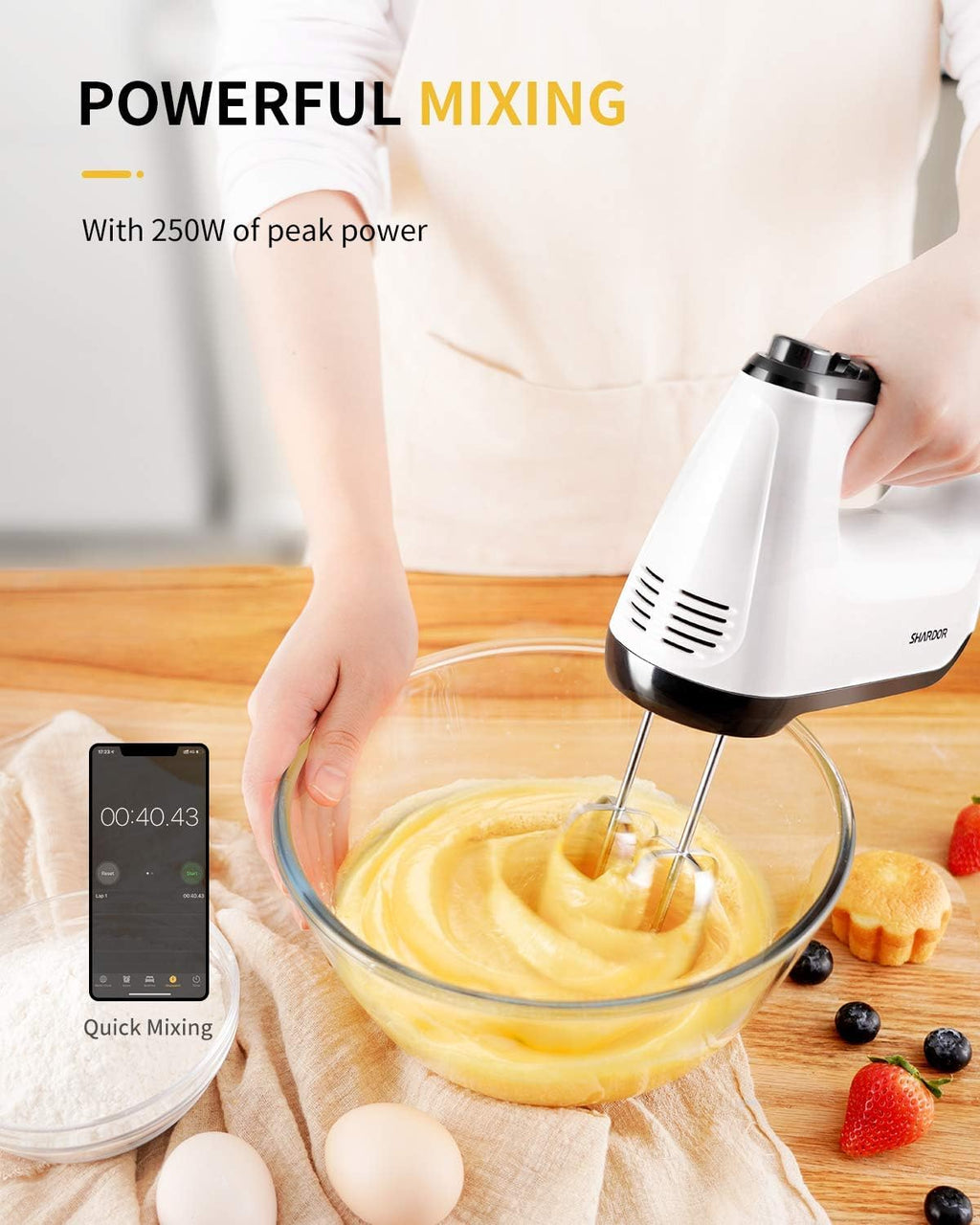 SHARDOR Hand Mixer Electric 6 Speed & Turbo Electric Mixer Handheld Snap-On Storage Case, 5 Stainless Steel Accessories Mixers for Baking, Whipping, Mixing Cookies, Brownie, Cakes Dough, Batters White