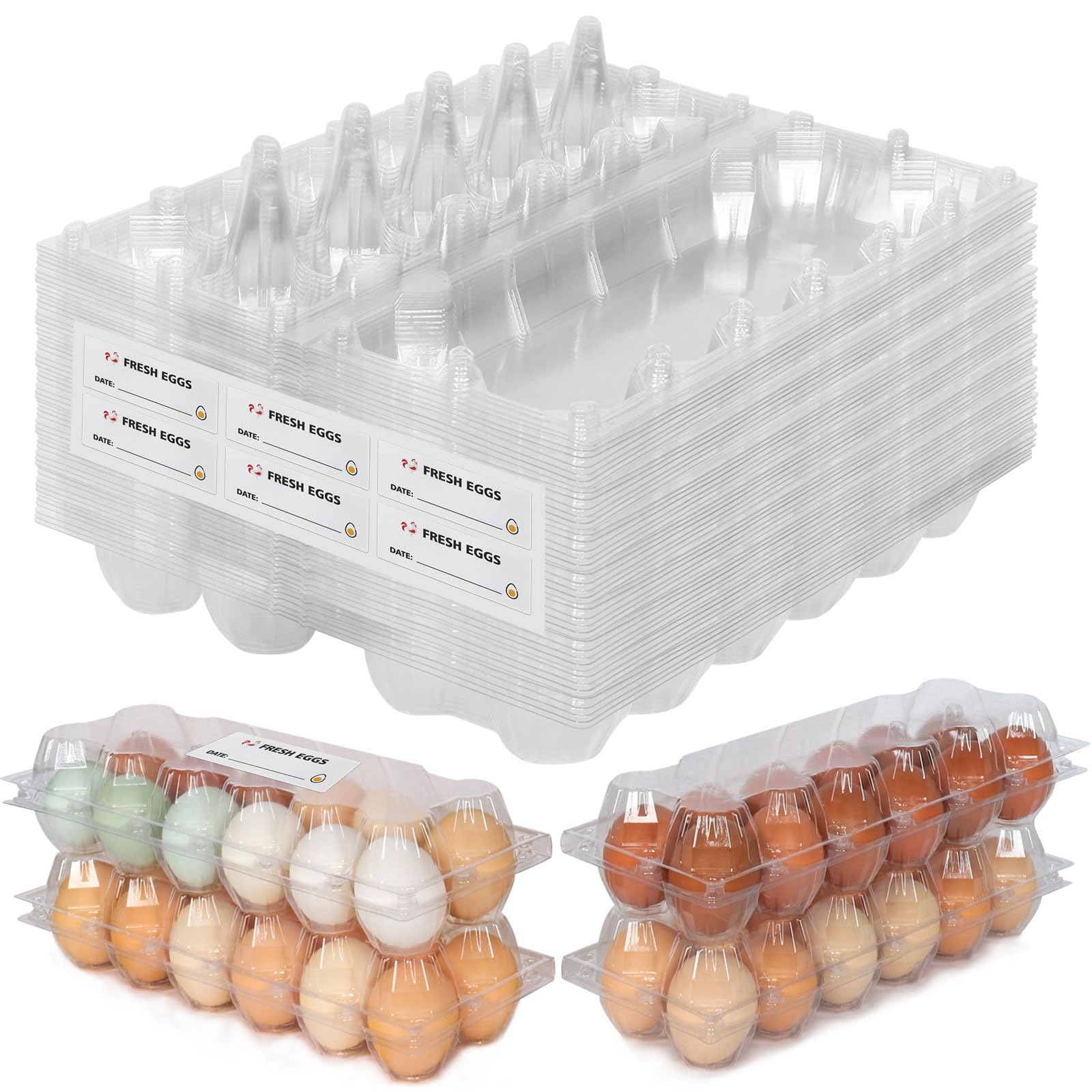 60 Packs Egg cartons cheap bulk，Plastic Egg Carton for 12 Eggs， Clear Egg Carton 2 * 6 Grids，Perfect for Refrigerator Chicken Farm Markets Commercial Business Market Display, Large