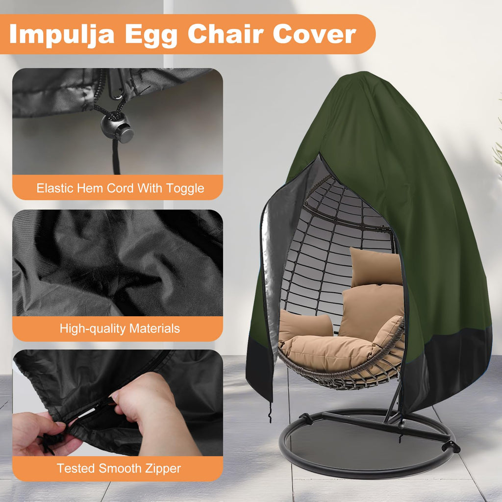 Impulja Patio Egg Chair Cover with Zipper, Heavy Duty 420D Oxford Outdoor Hanging Egg Chair Cover, Waterproof UV Resistant Windproof, Wicker Swing Egg Chair Cover, Fits 75"H x 45"W(Green)